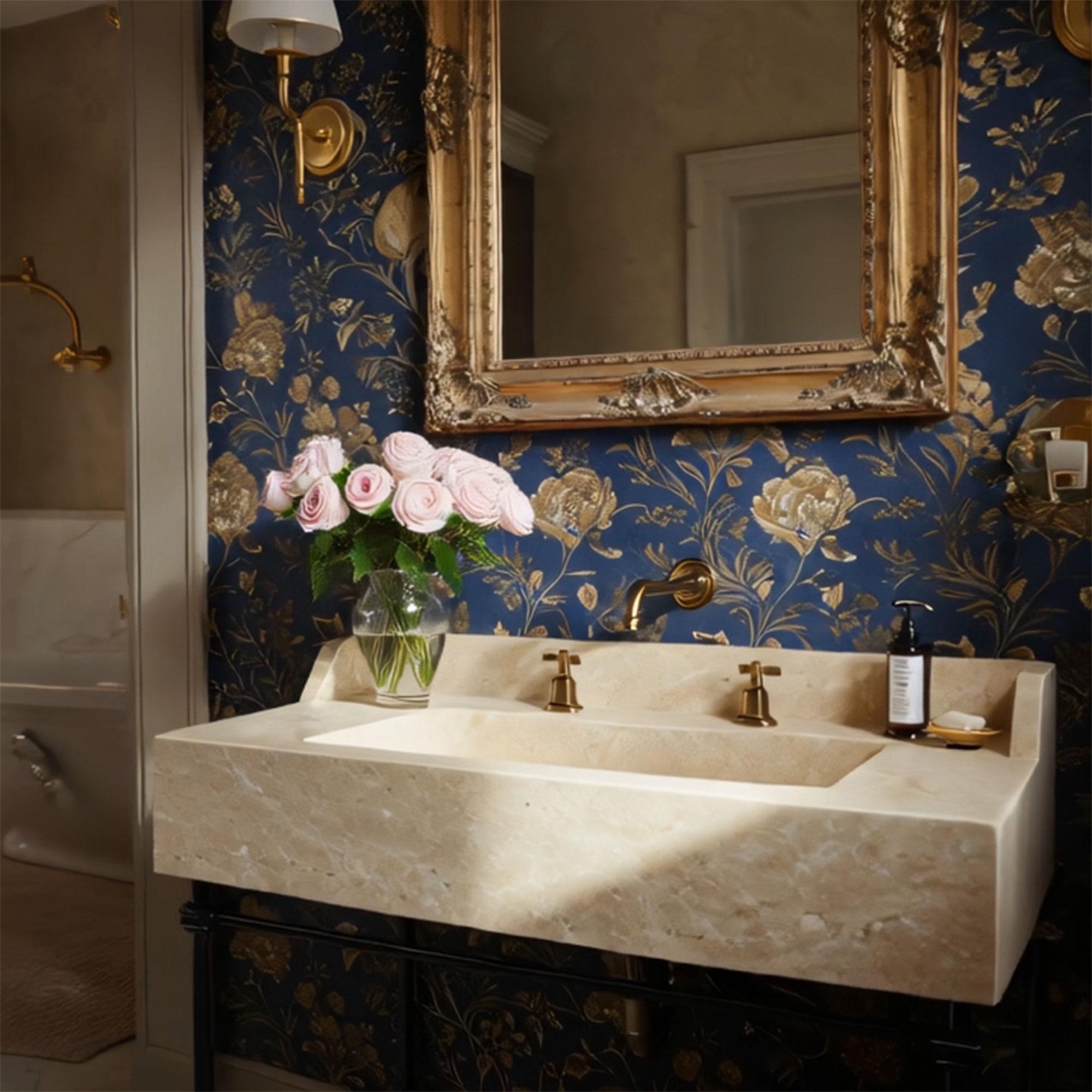 A sculptural beige travertine console sink with clean lines, presented on a black metal stand in a classic, well-appointed bathroom.
