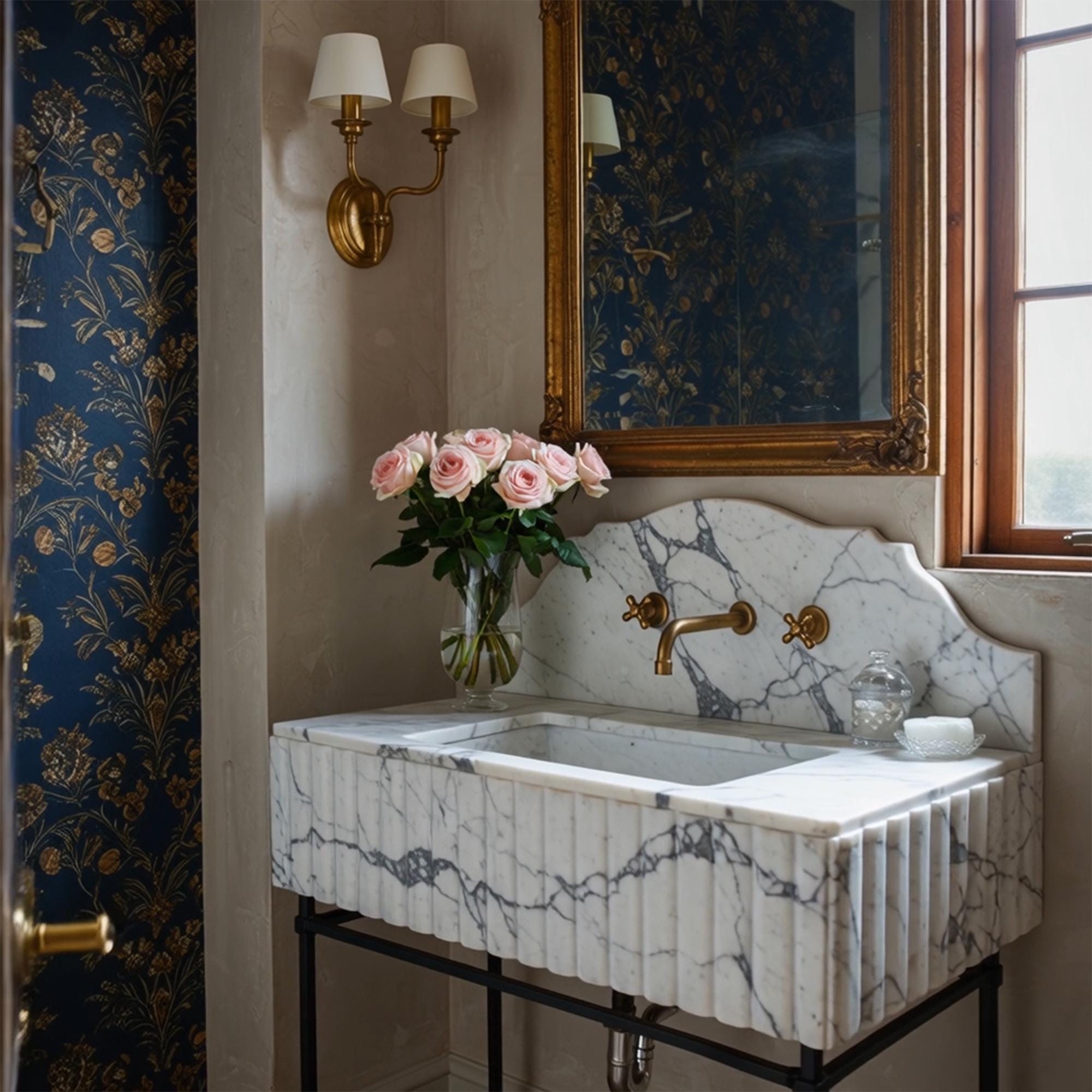 A fluted Calacatta marble sink with a curved scalloped backsplash, highlighting the natural veining and carved stone details in a classic bathroom.
