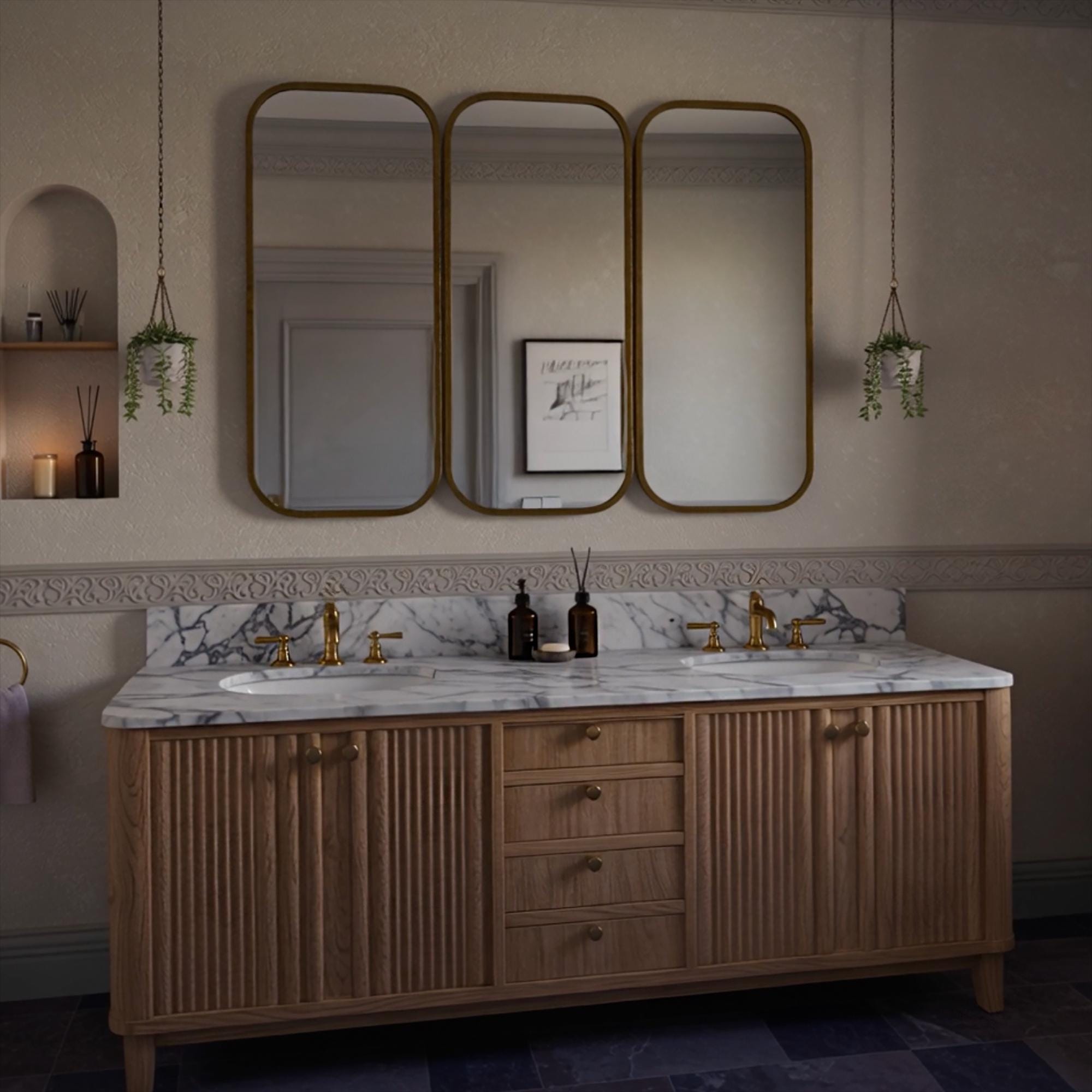 A double vanity with a Carrara marble top and fluted oak cabinetry, highlighting refined proportions and natural material contrast.
