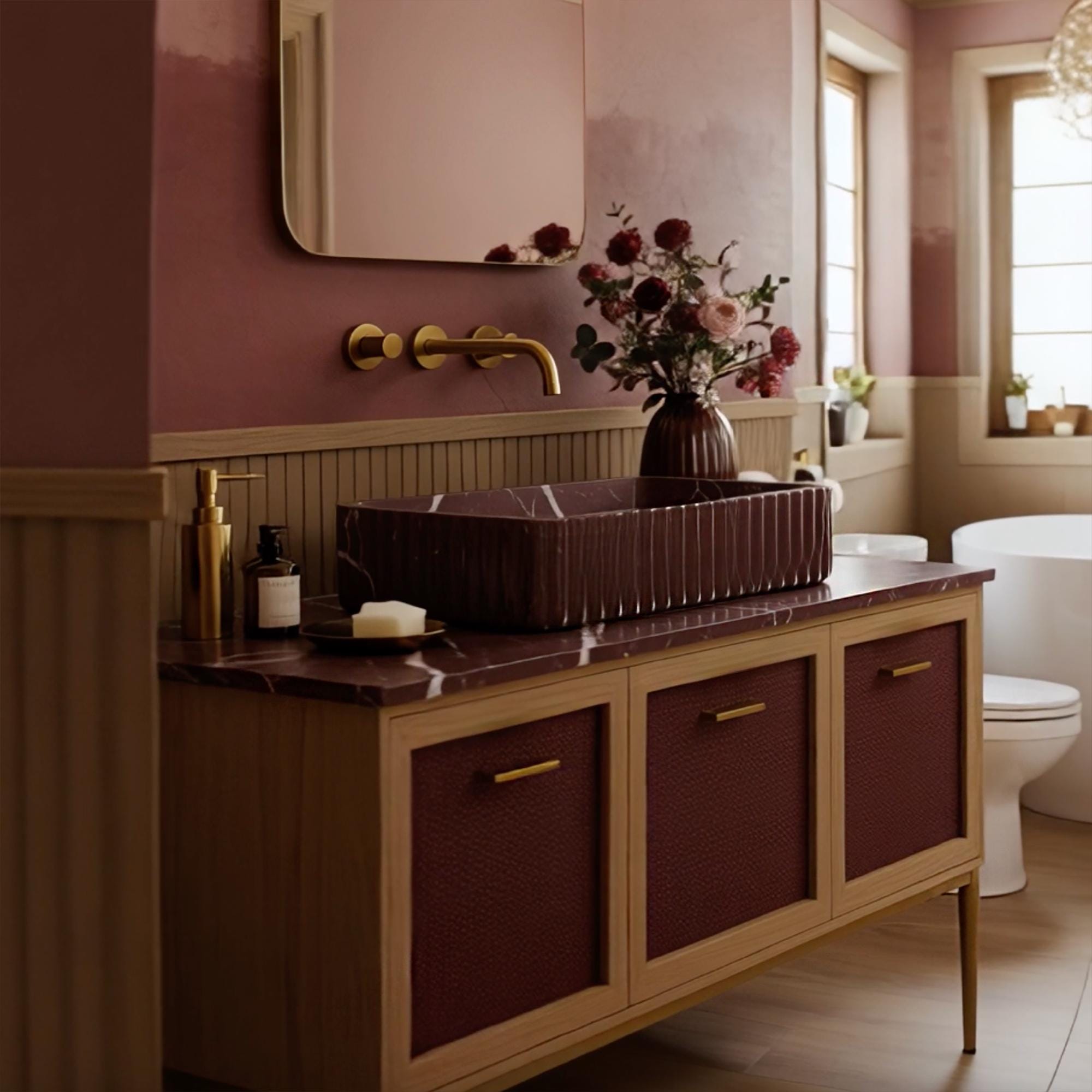A fluted Rosso Levanto marble sink set on a cabinet with burgundy rattan panels, highlighting rich stone texture and sculptural detailing.
