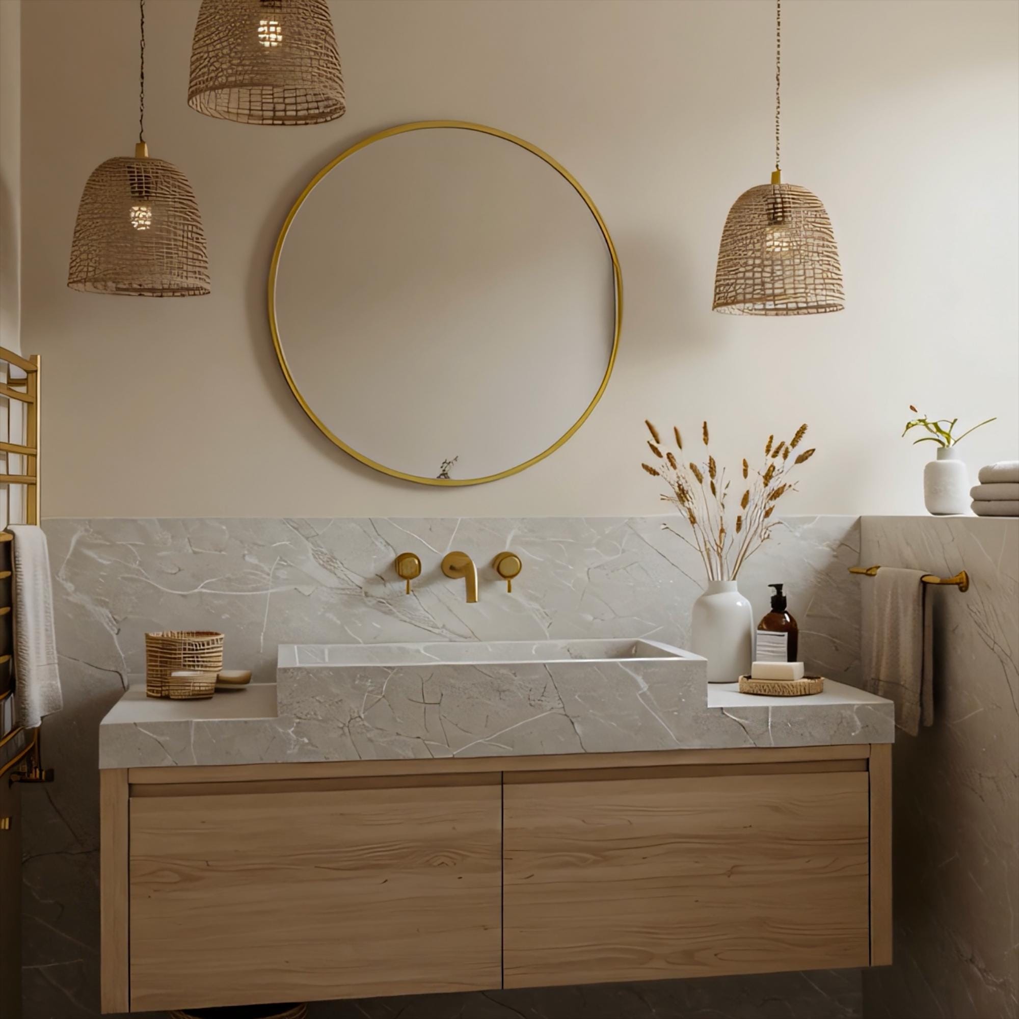 A sculptural Tundra Grey marble floating vanity combined with oak wood drawers, offering a timeless and understated bathroom design.
