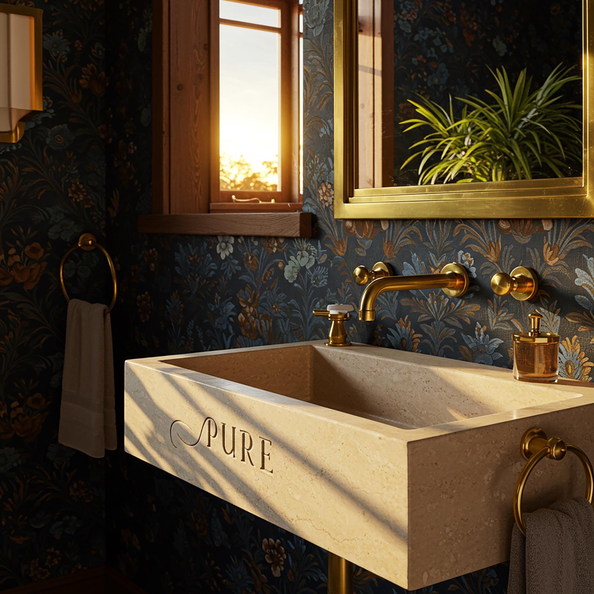 An artisanal beige travertine floating sink with a hand-engraved front, blending soft stone texture with elegant brass accents.
