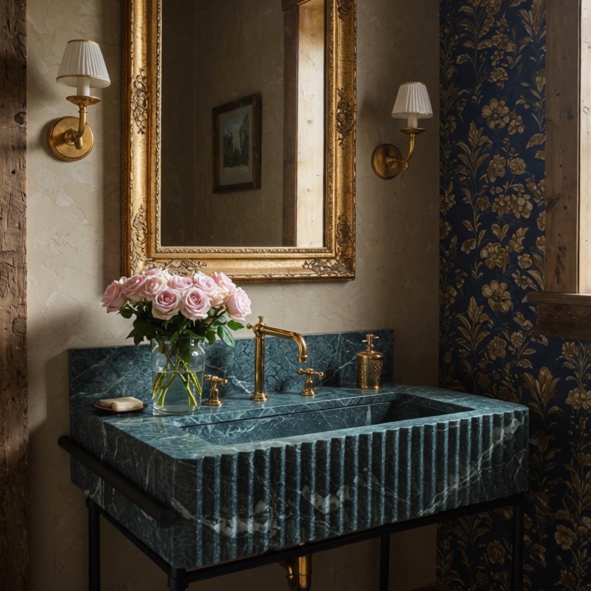 This fluted green marble sink sits on a minimalist metal base, adding sculptural elegance to luxury bathrooms.