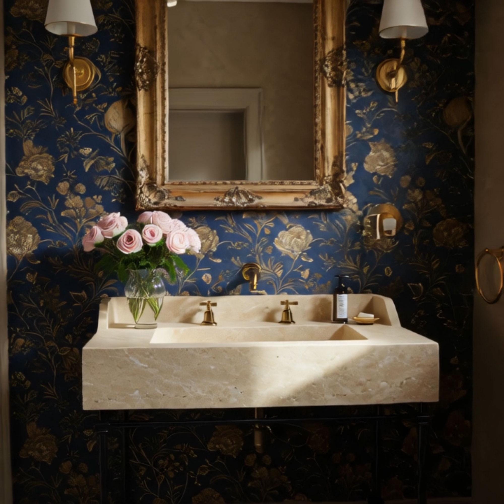 A beige travertine console sink crafted from natural stone, featuring a black metal stand in a refined, timeless bathroom interior.
