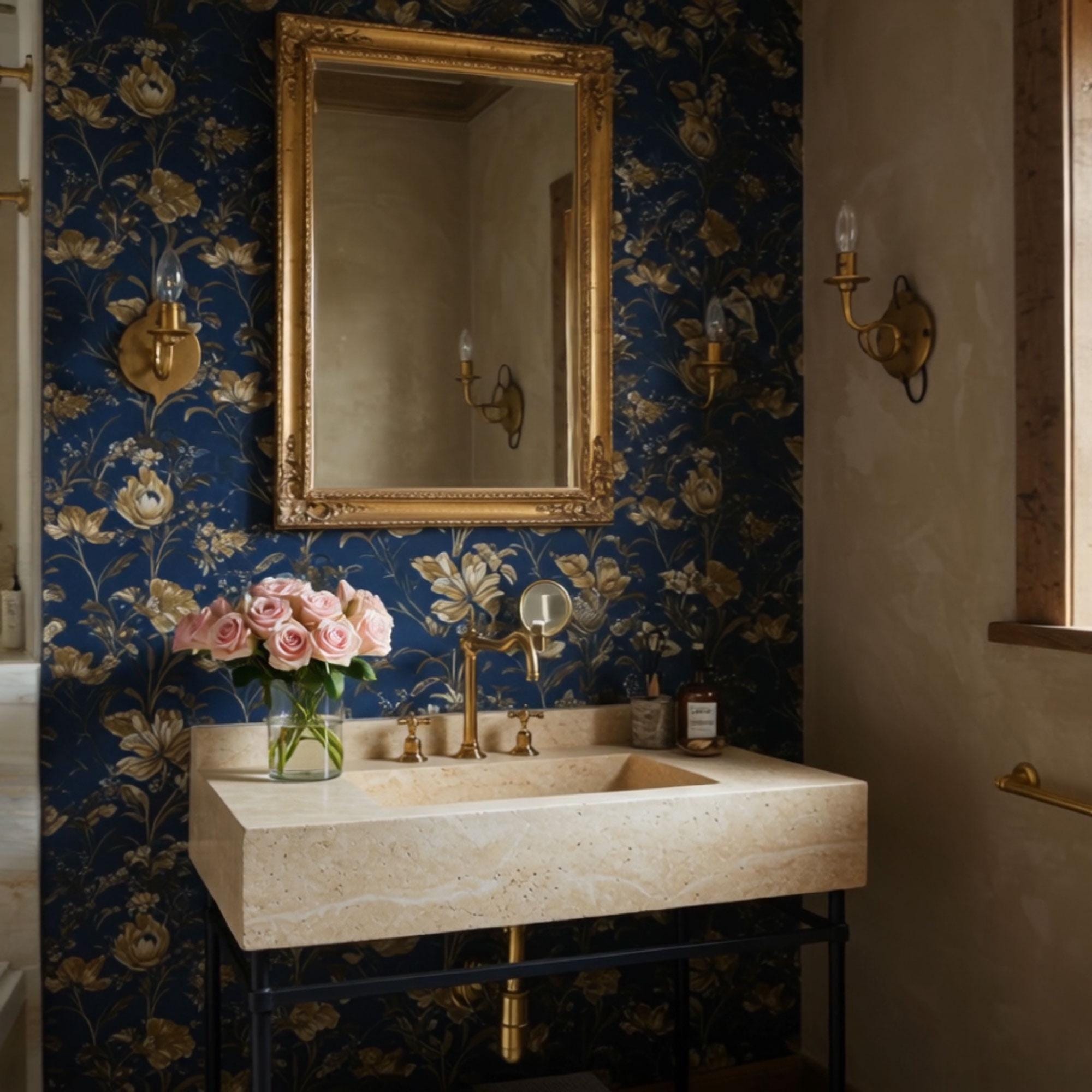 A beige travertine console sink crafted from natural stone, featuring a black metal stand in a refined, timeless bathroom interior.
