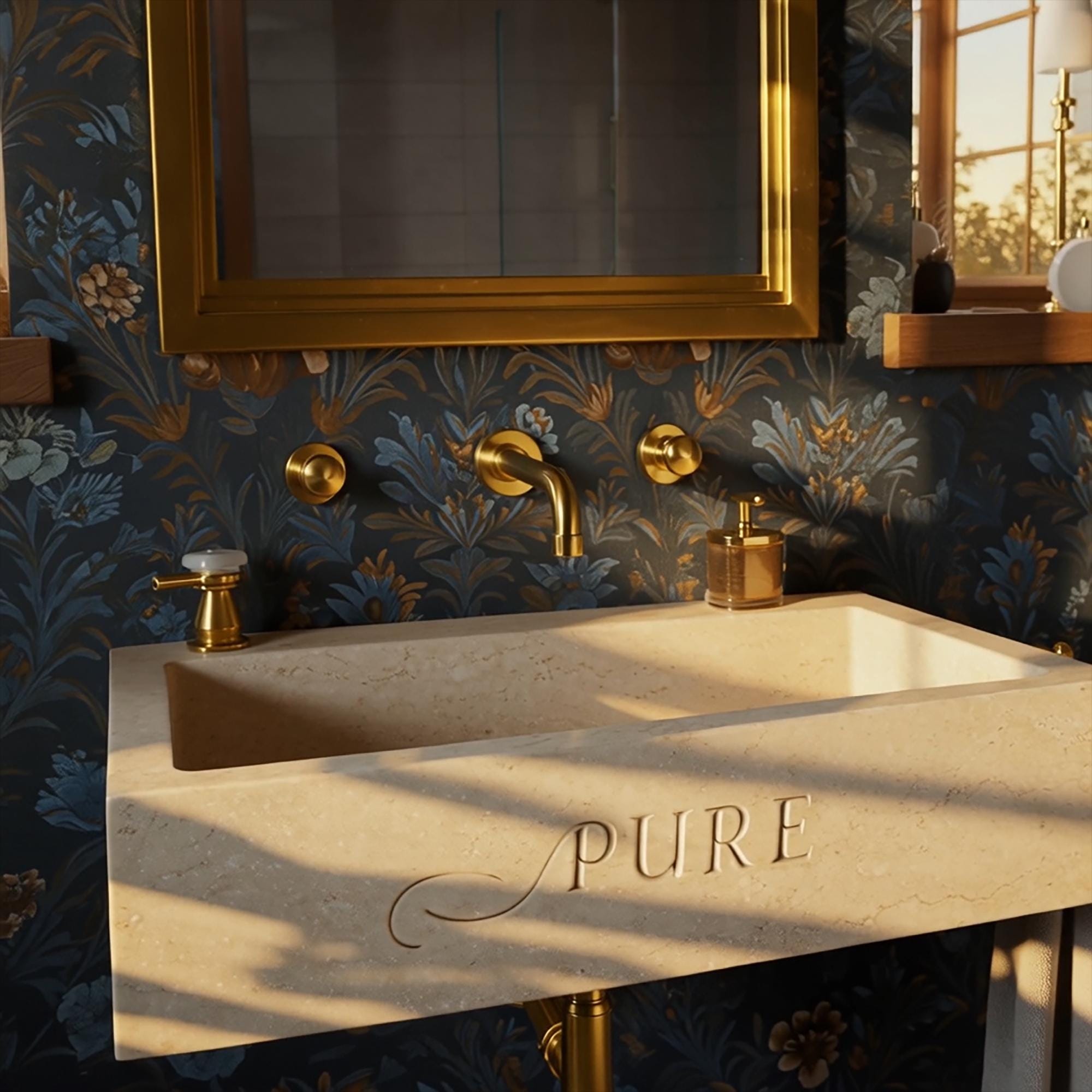 A floating beige travertine sink with clean lines and engraved front detail, highlighting the subtle texture and character of natural stone.
