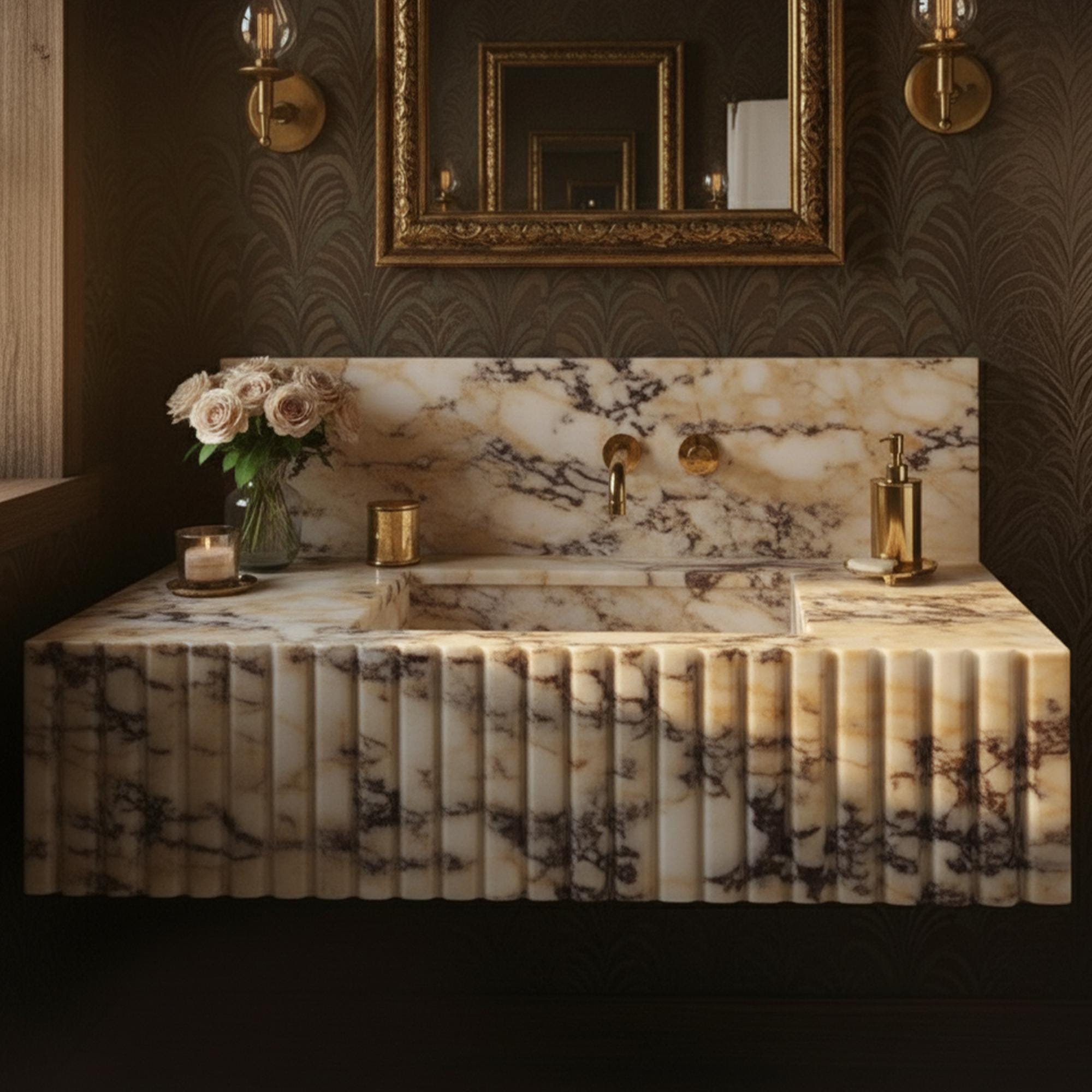 A Calacatta Amber marble wall-mounted sink crafted from natural stone, showcasing a fluted apron design and integrated backsplash in a refined luxury interior.
