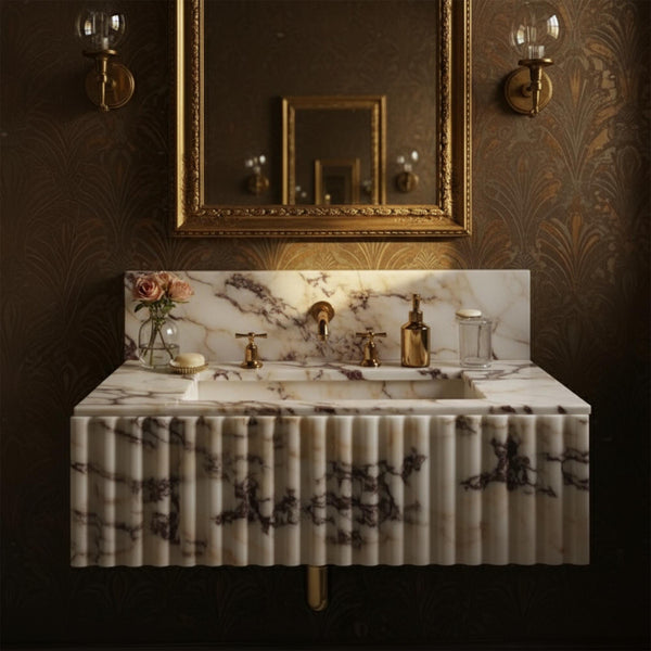 Fluted Calacatta Amber Viola Floating Sink (Integrated Backsplash) M9S007 hover