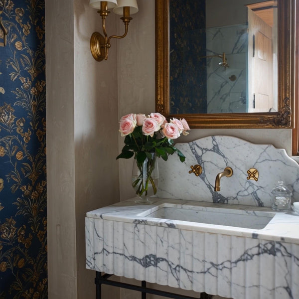 Fluted Calacatta Marble Console Sink (Scalloped Backsplash) M9M013 hover