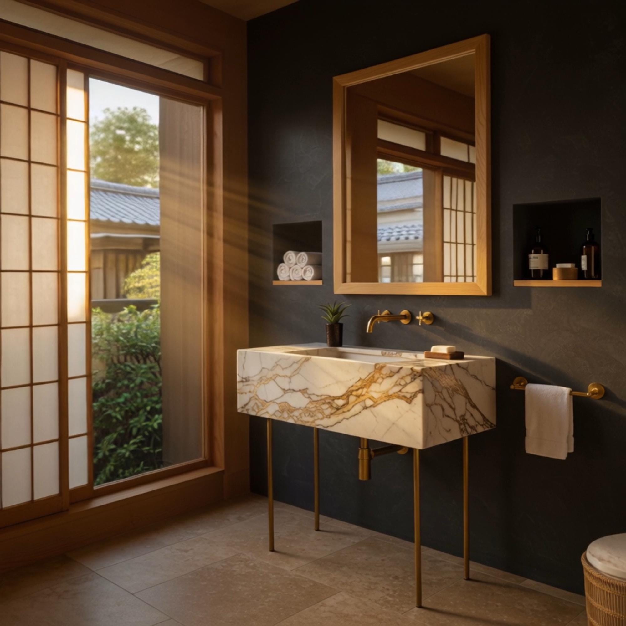 This Calacatta Gold console sink with a sleek brass frame exudes sophisticated simplicity in high-end interiors.