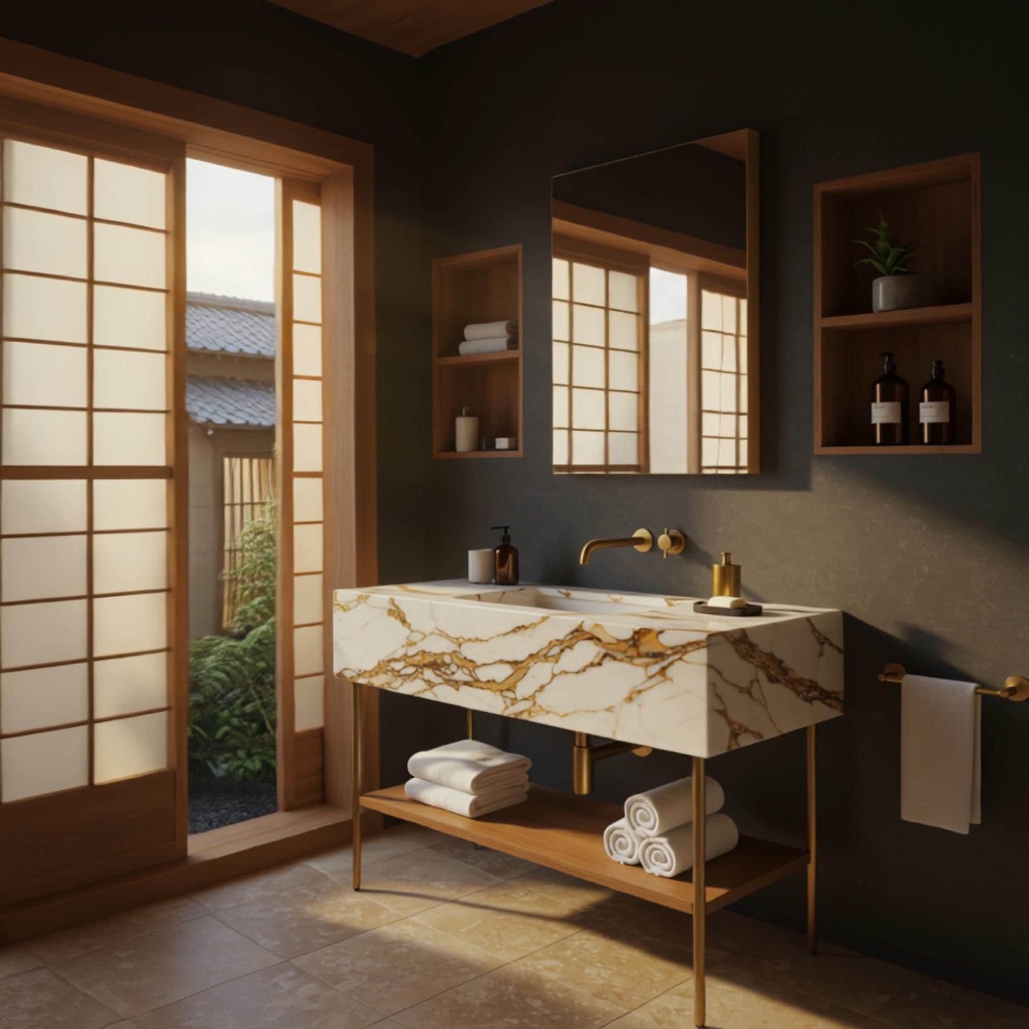 A luxury console sink in gold-veined marble with a walnut storage shelf, ideal for elegant and functional living.