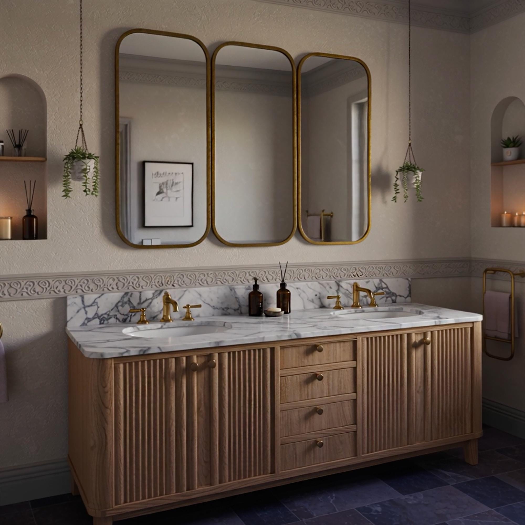 A Carrara marble double sink vanity crafted from natural stone, paired with a fluted oak cabinet and classic brass hardware.
