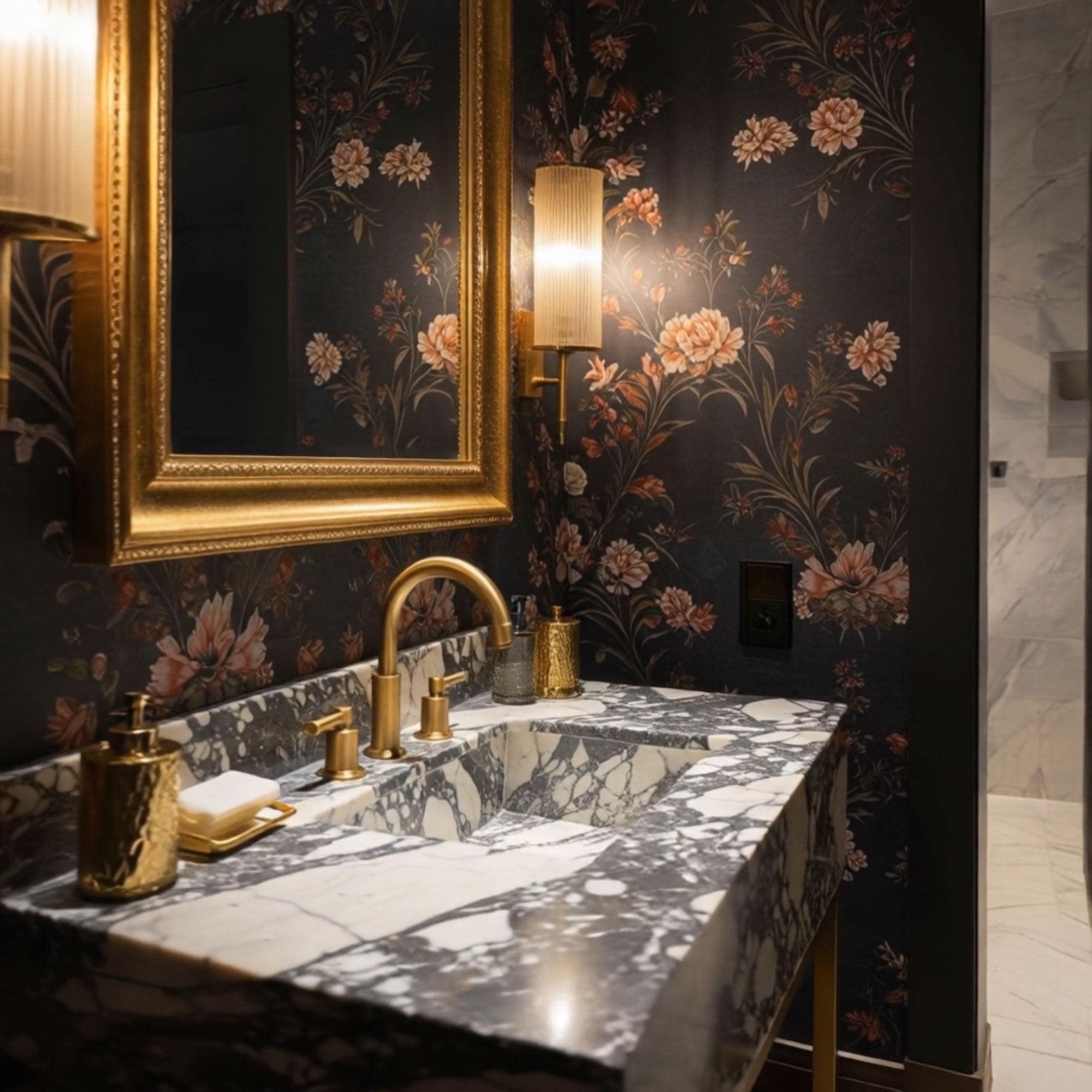 A Grand Antique marble console vanity crafted from natural stone, showcasing dramatic veining and a brass stand in a refined luxury bathroom setting.
