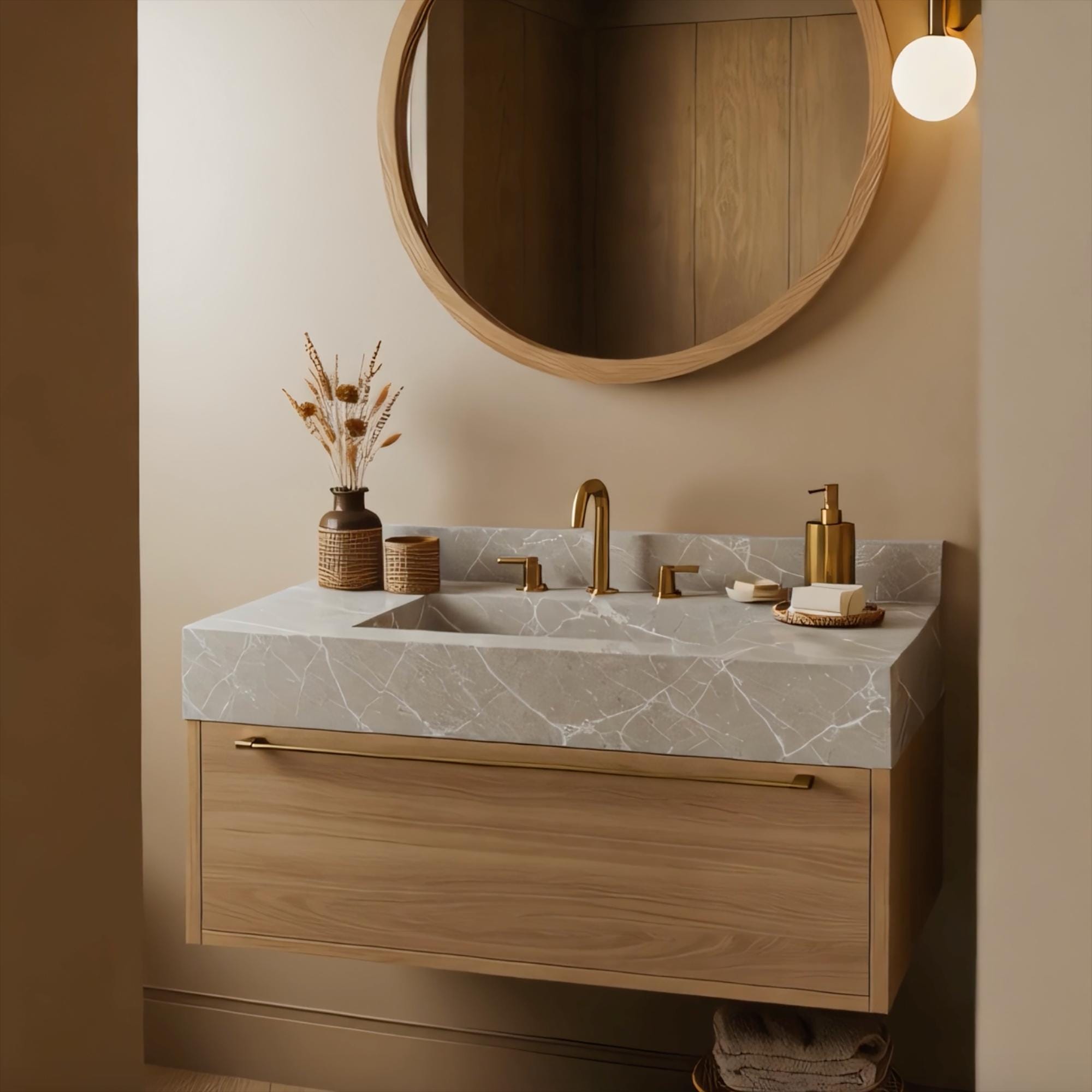 A floating Tundra Grey marble vanity with clean lines, highlighting soft stone texture and warm oak cabinetry accented by brass hardware.
