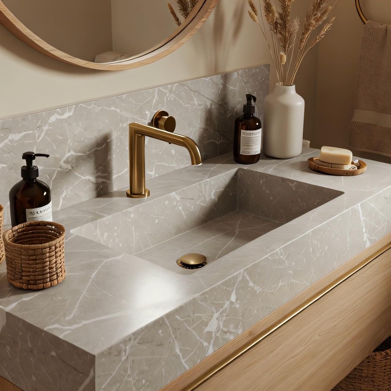 A Tundra Grey marble wall-mounted vanity crafted from natural stone, paired with a clean-lined oak wood drawer in a refined luxury interior.
