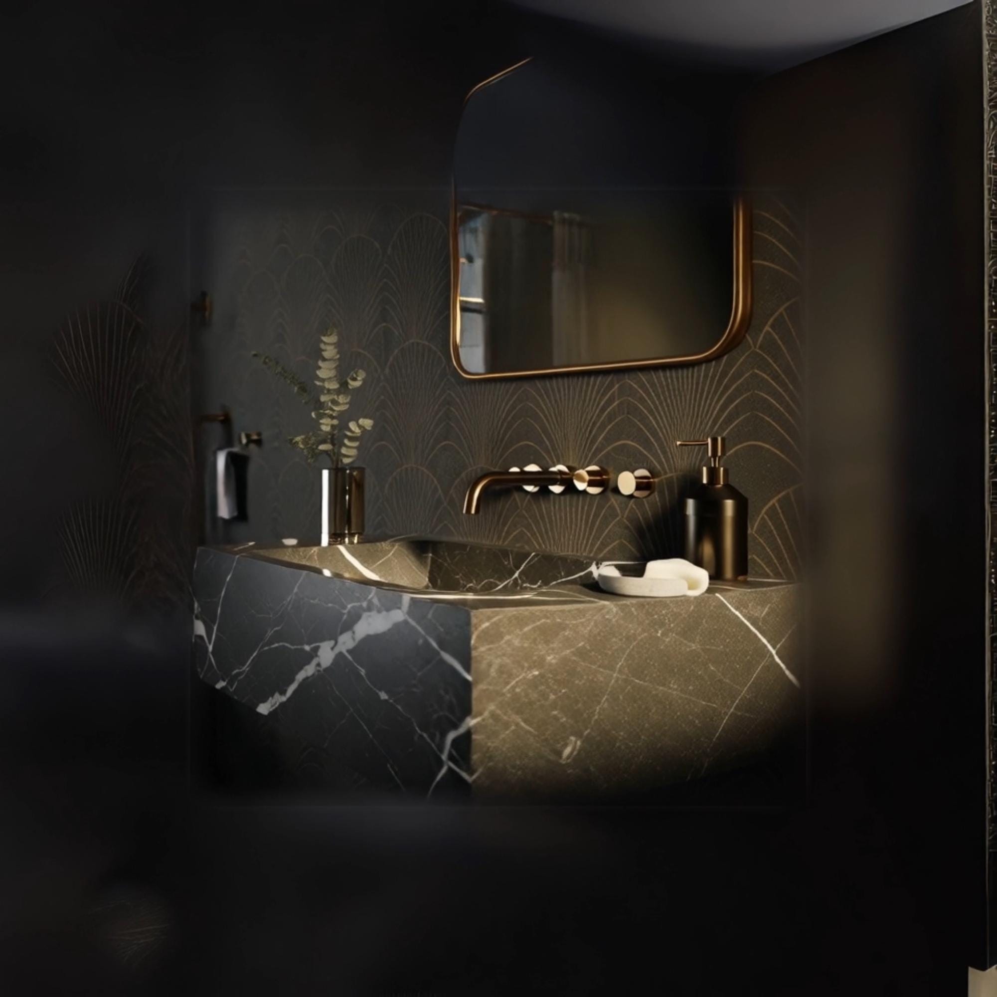 A Nero Marquina marble wall-mounted vanity crafted from natural stone, showcasing striking black and white veining in a refined luxury bathroom setting.
