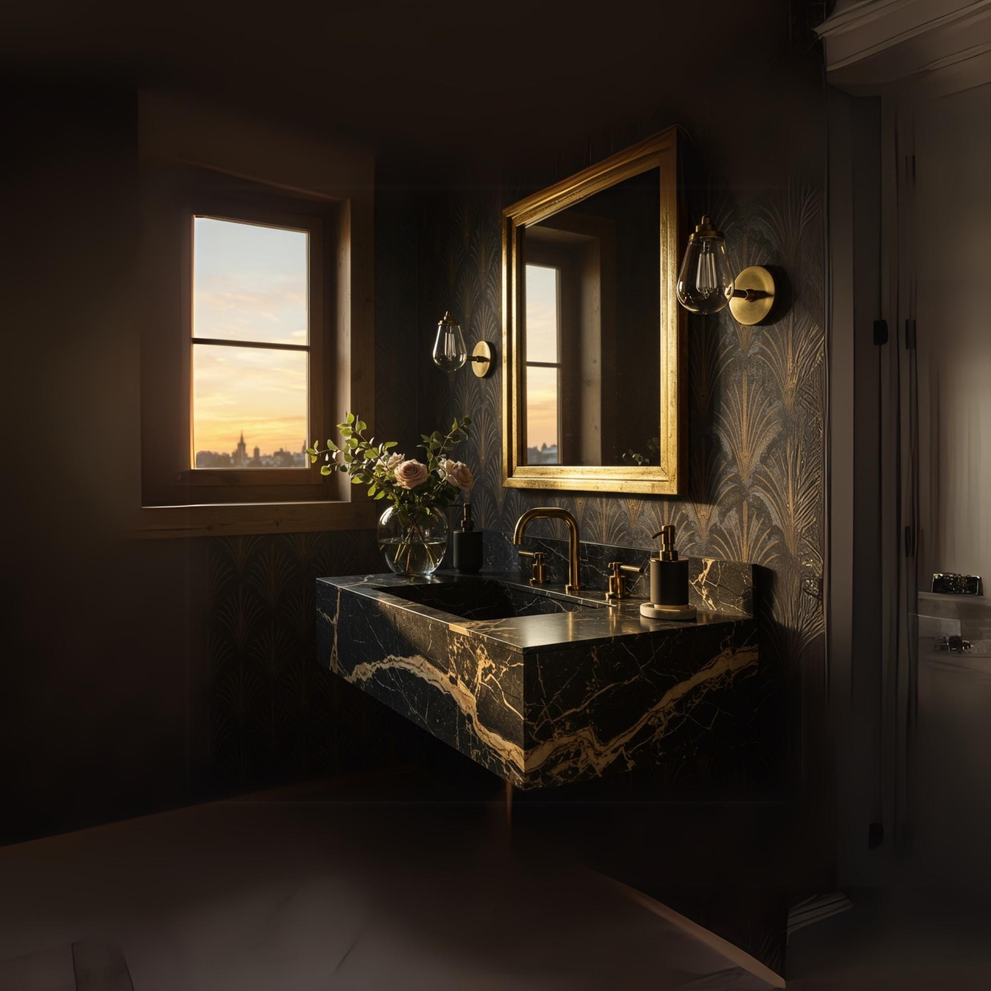A Nero Onyx marble wall-mounted vanity crafted from natural stone, showcasing rich black tones and striking gold veining in a refined luxury setting.
