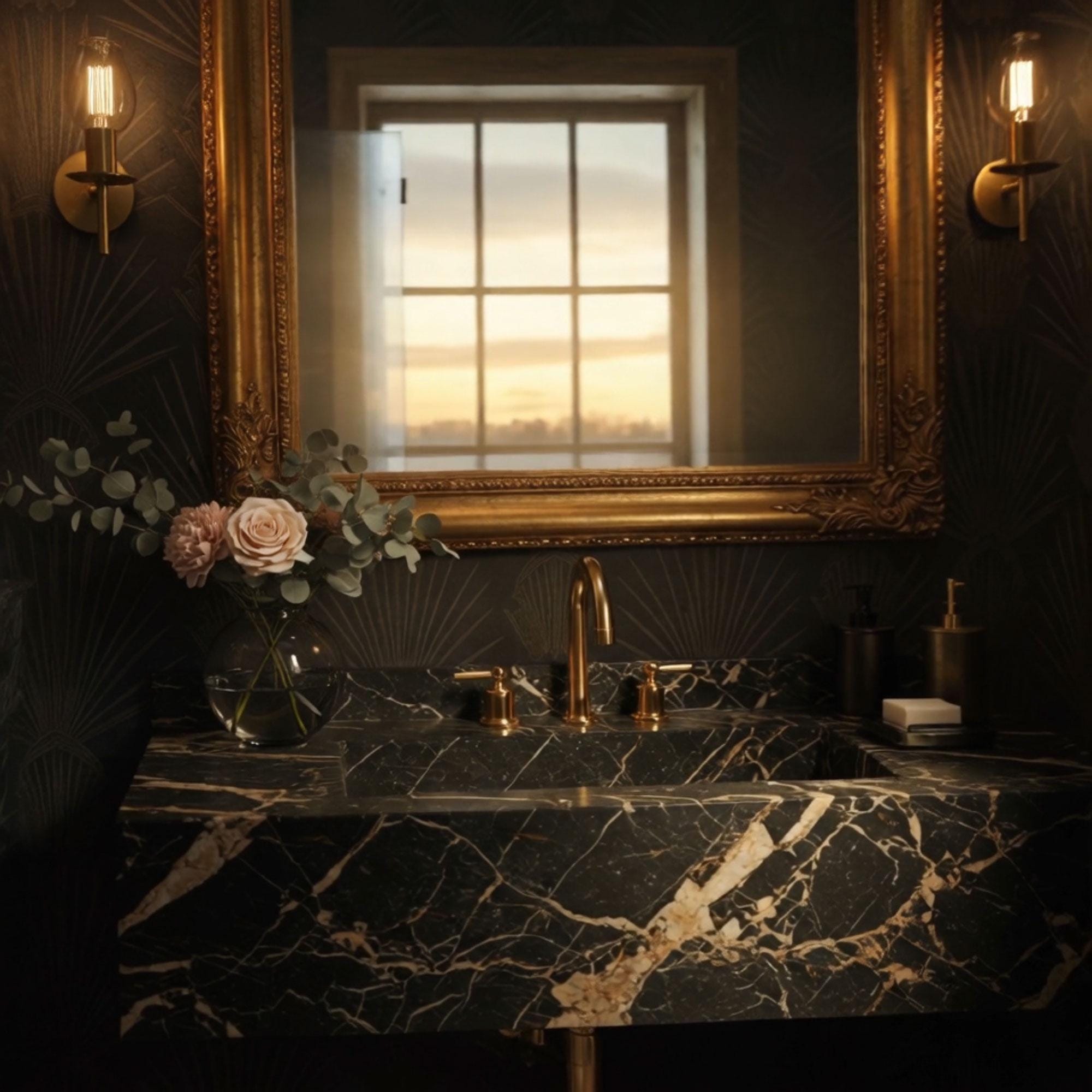 A Nero Portoro marble vanity crafted from natural stone, showcasing dramatic black and gold veining in a refined luxury bathroom setting.
