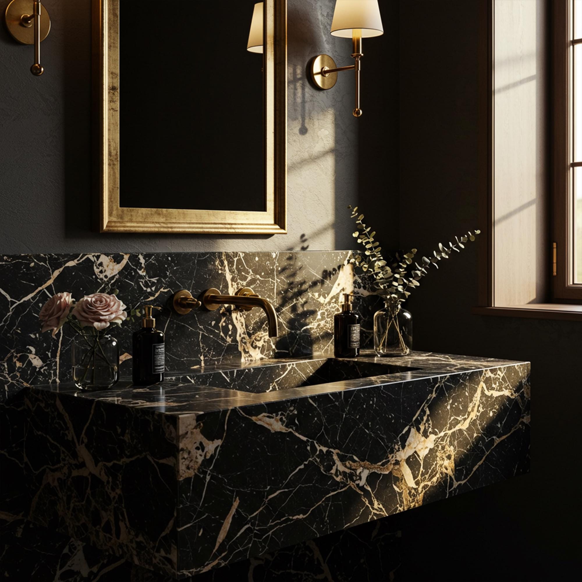 A Nero Portoro marble wall-mounted vanity crafted from natural stone, showcasing dramatic black stone and rich gold veining in a refined luxury setting.
