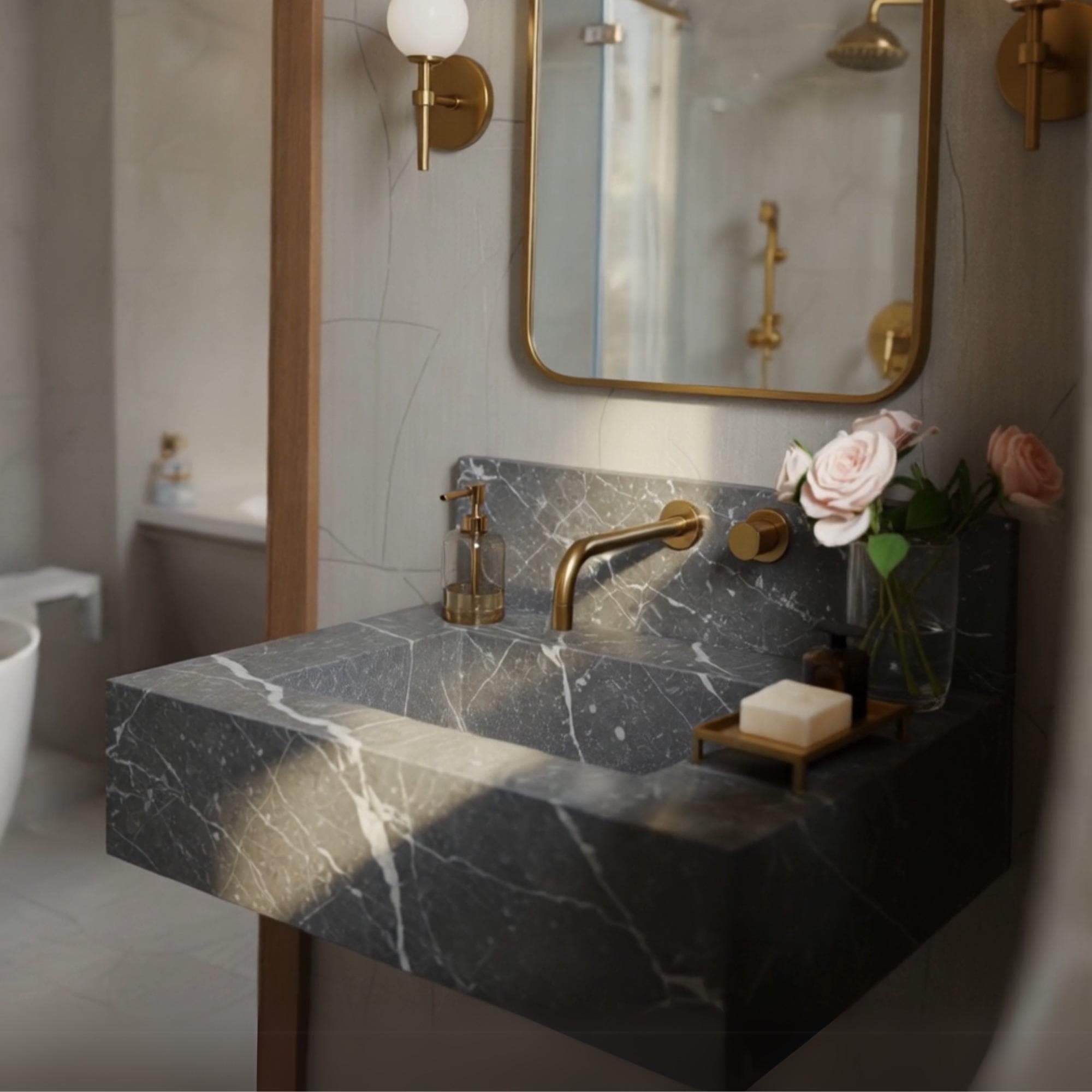 A Pietra Grey marble wall-mounted sink crafted from natural stone, showcasing a honed surface and integrated backsplash in a refined luxury interior.
