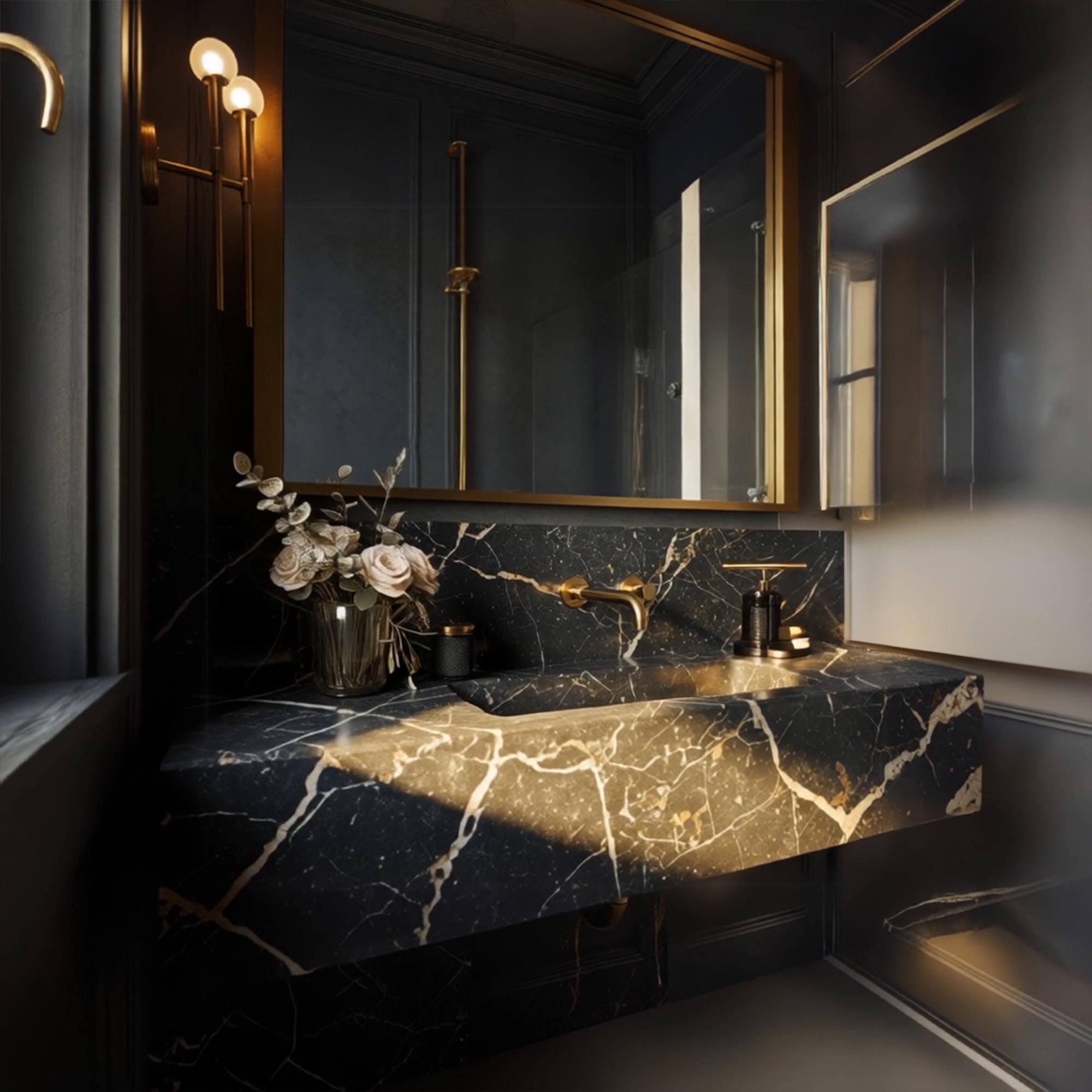 A Pietre Notte marble wall-mounted vanity crafted from natural stone, showcasing dramatic black and gold veining in a refined luxury setting.
