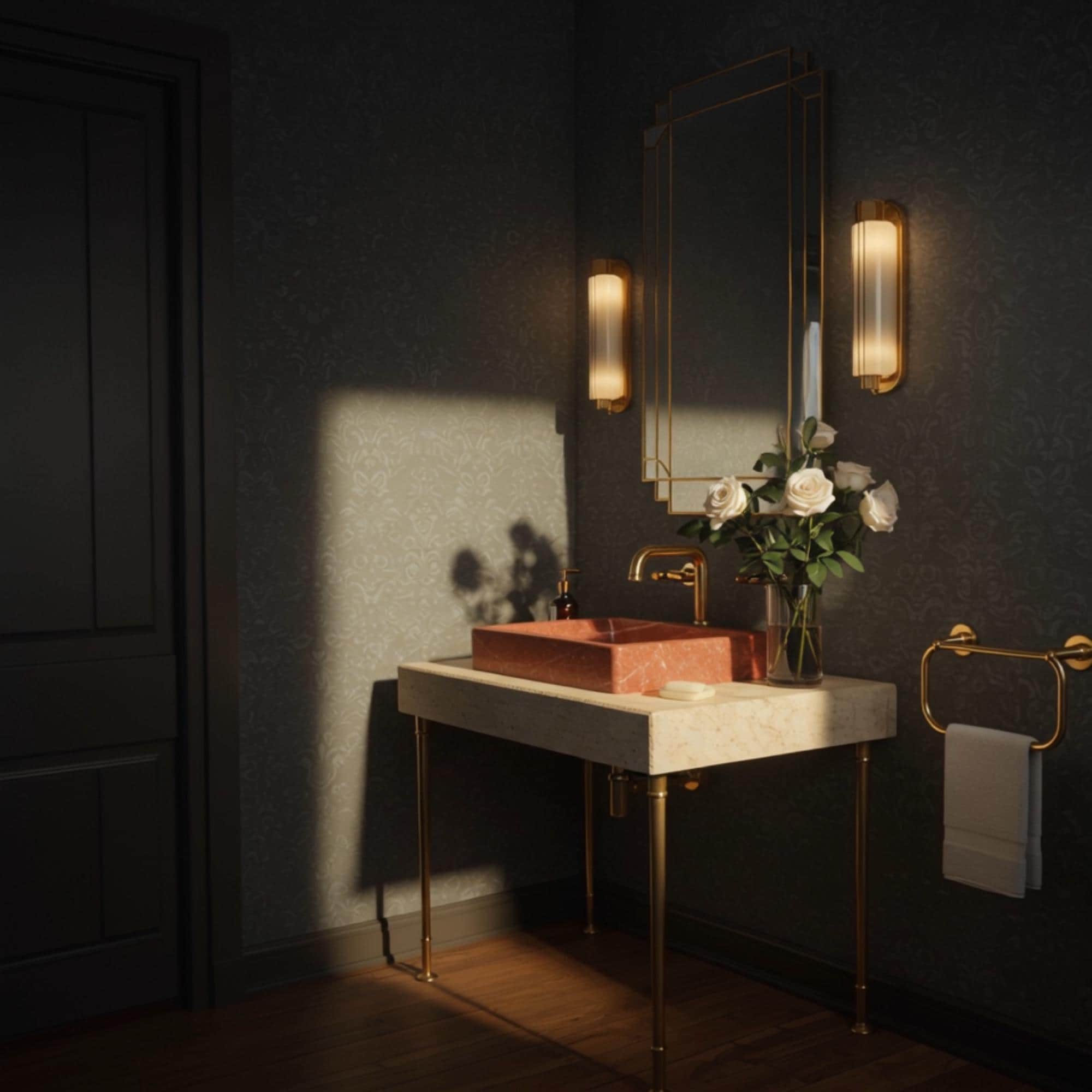 A red marble basin paired with a travertine vanity and golden legs brings rich texture and timeless elegance together.