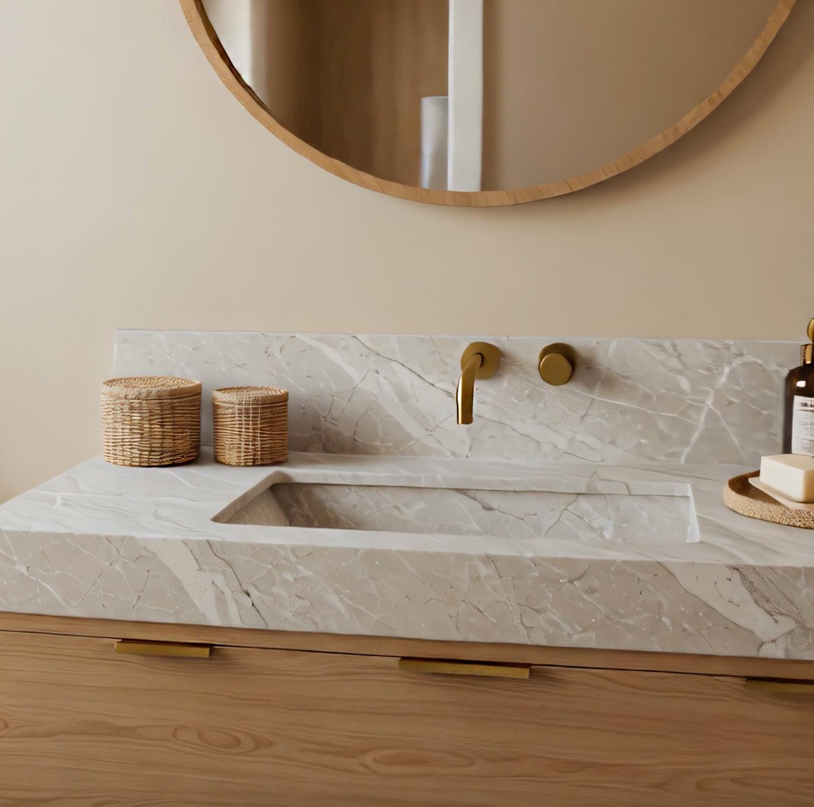 A Tundra Grey marble vanity crafted from natural stone, featuring an integrated sink design on an oak wood console in a refined luxury bathroom.
