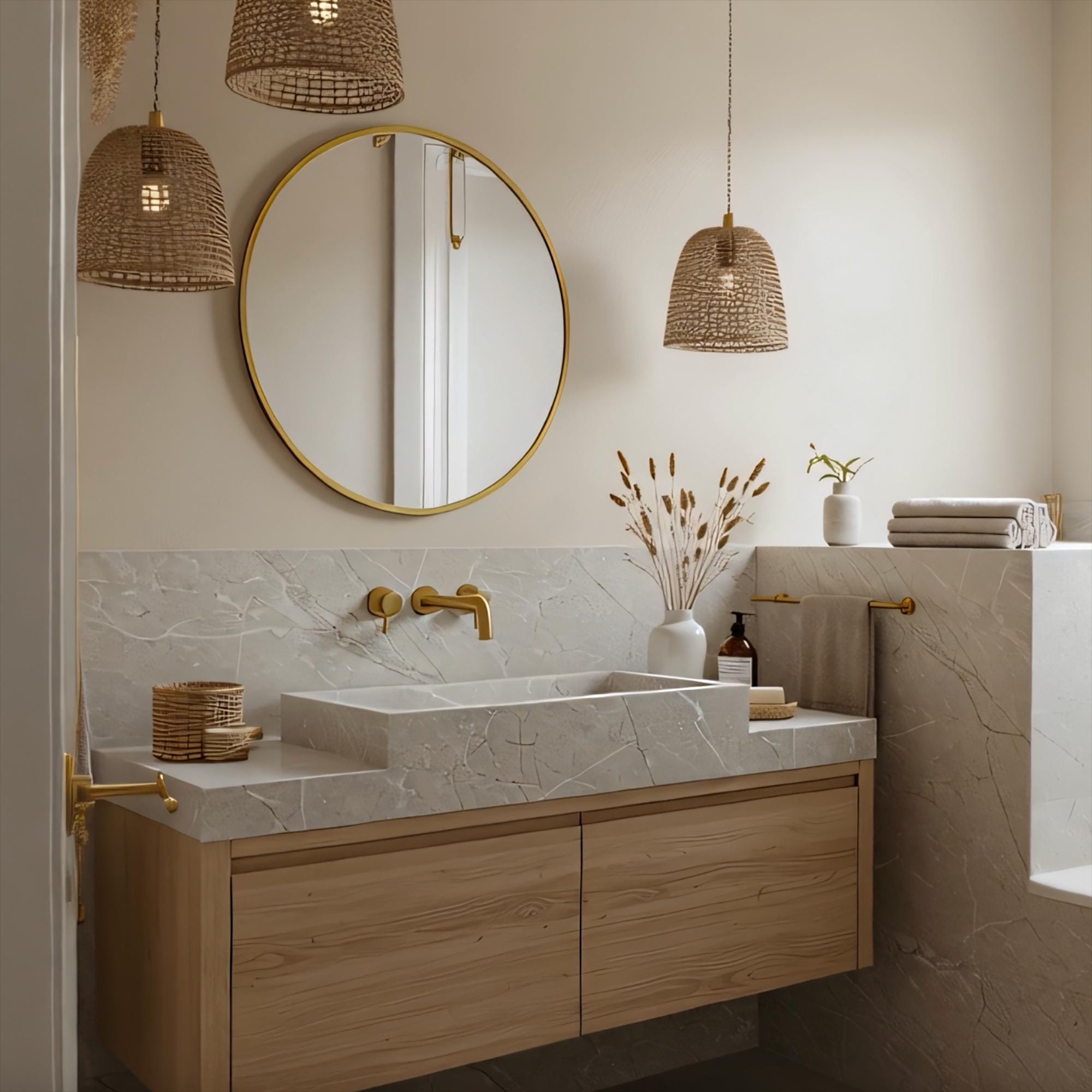 A Tundra Grey marble wall-mounted vanity crafted from natural stone, paired with clean-lined oak drawers in a refined luxury interior.
