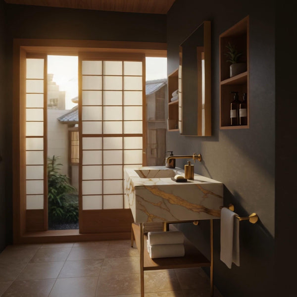 Calacatta Gold Marble Console Sink (Brass Stand & Walnut Shelf) hover