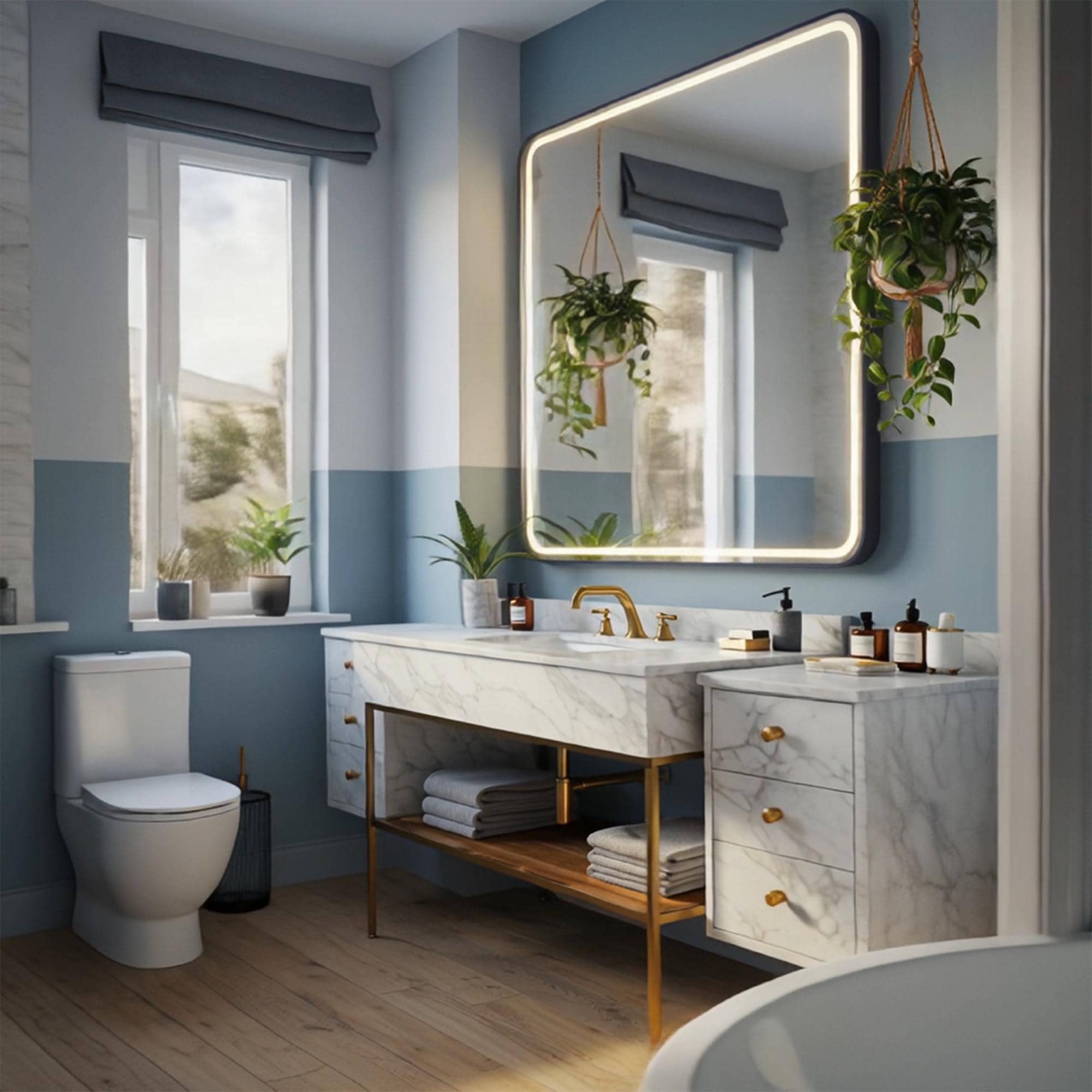 This Carrara marble vanity features sleek stone-covered drawers and a golden frame, offering elevated elegance.