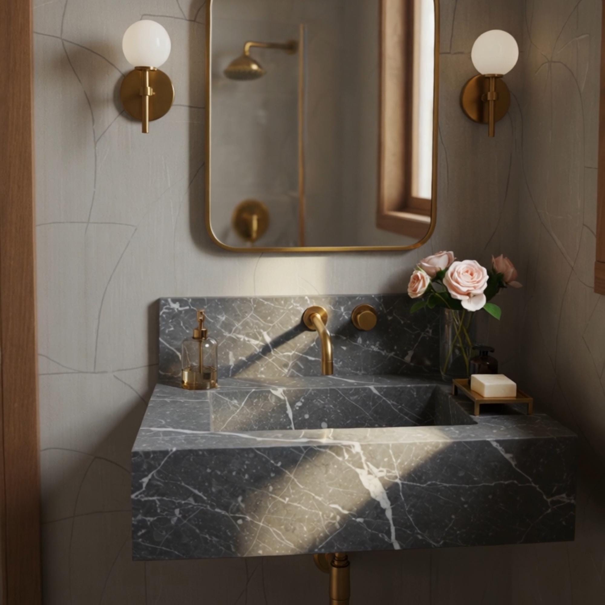 A sculptural Pietra Grey marble floating sink with clean lines and subtle veining, presented with a honed finish in a sophisticated bathroom setting.

