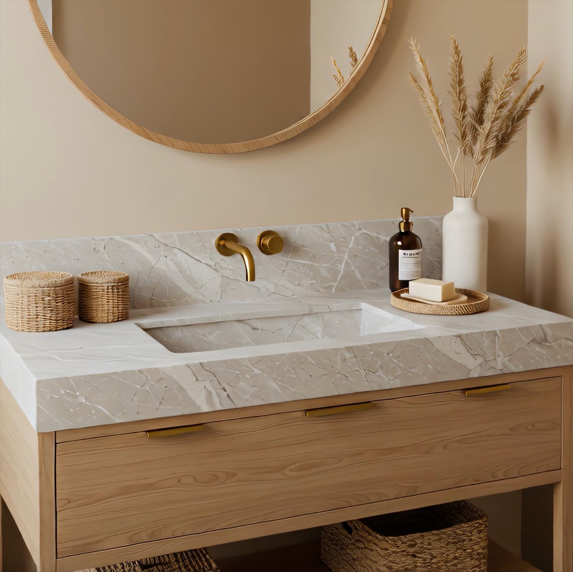 A sculptural Tundra Grey marble integrated sink vanity paired with an oak wood console, offering a timeless and understated bathroom design.
