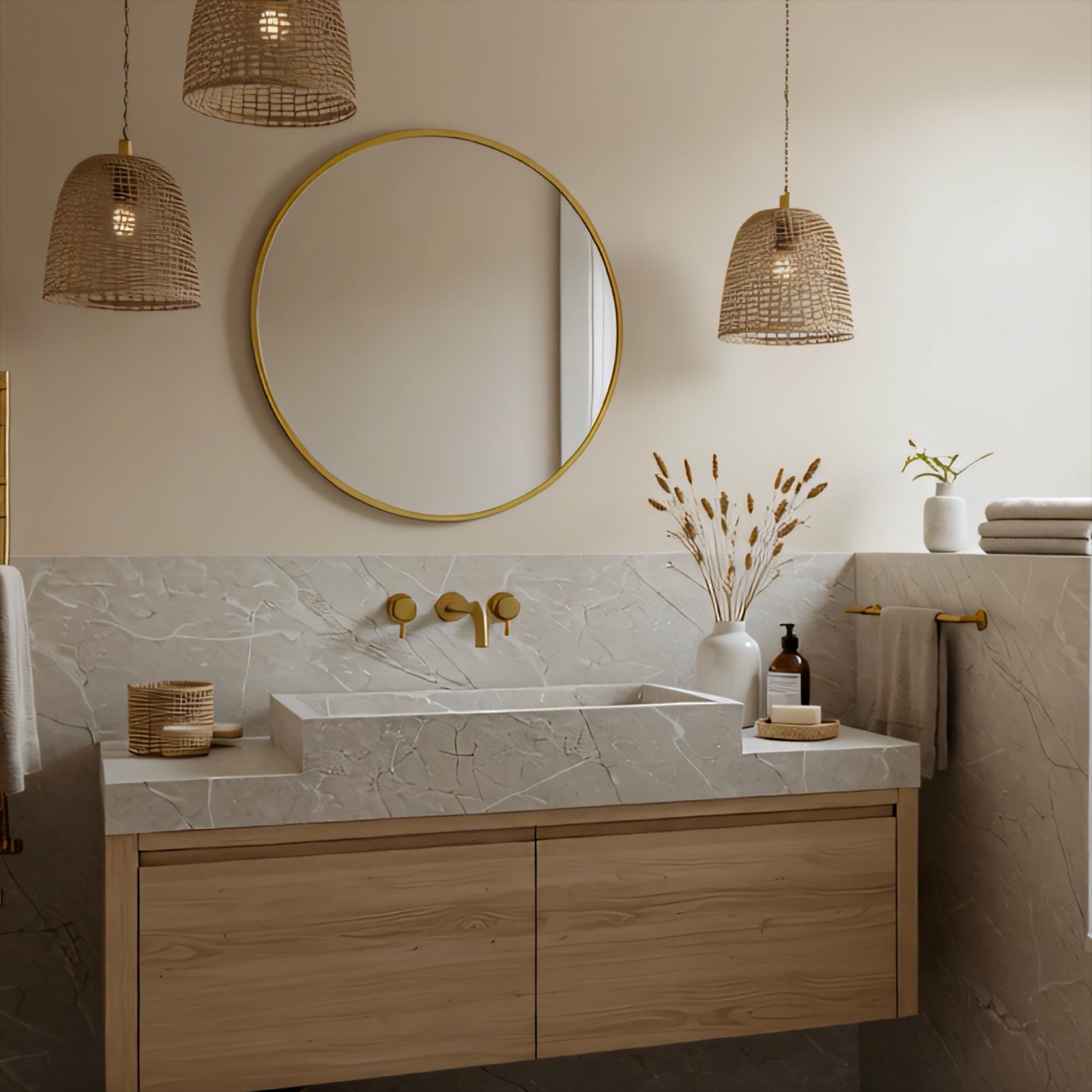A Tundra Grey marble floating sink vanity styled with oak drawers and minimalist accessories in a light, serene bathroom setting.
