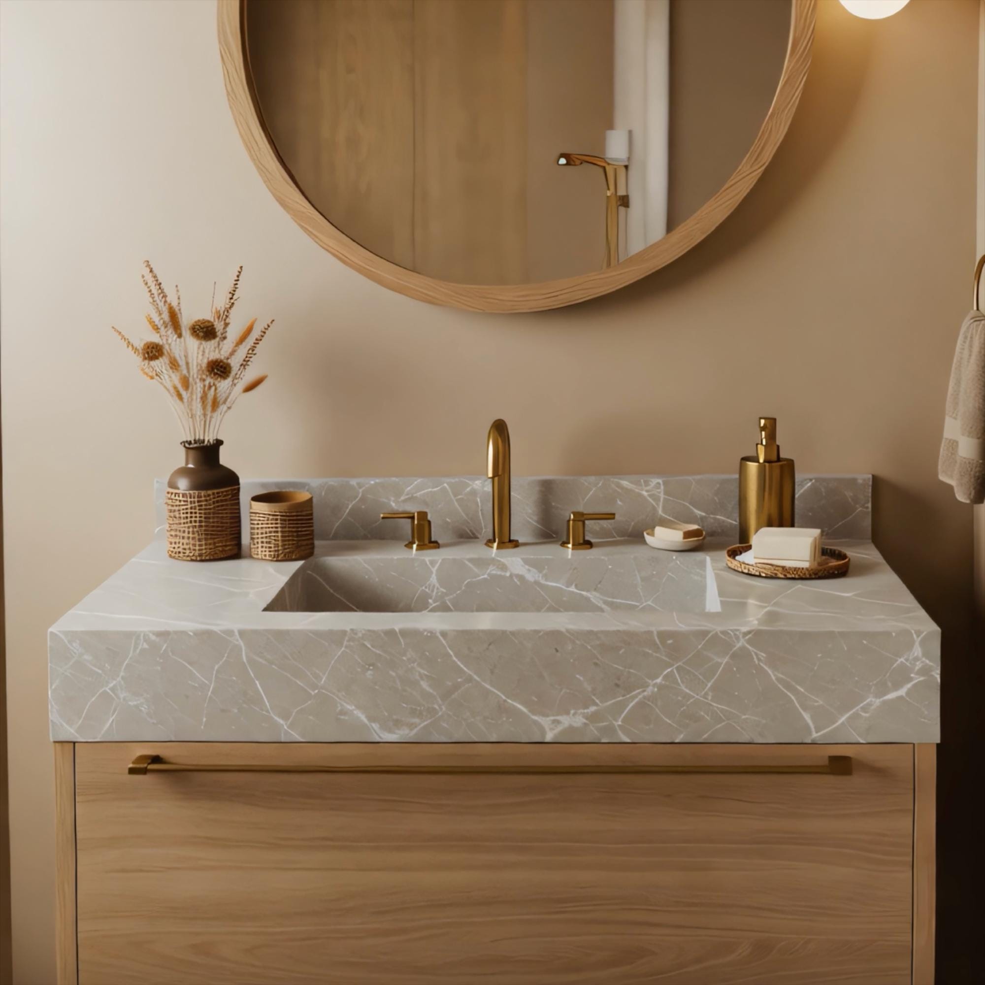 A Tundra Grey marble floating vanity with an integrated rectangular sink, featuring subtle white veining and a brass handle detail on an oak drawer in a calm bathroom setting.
