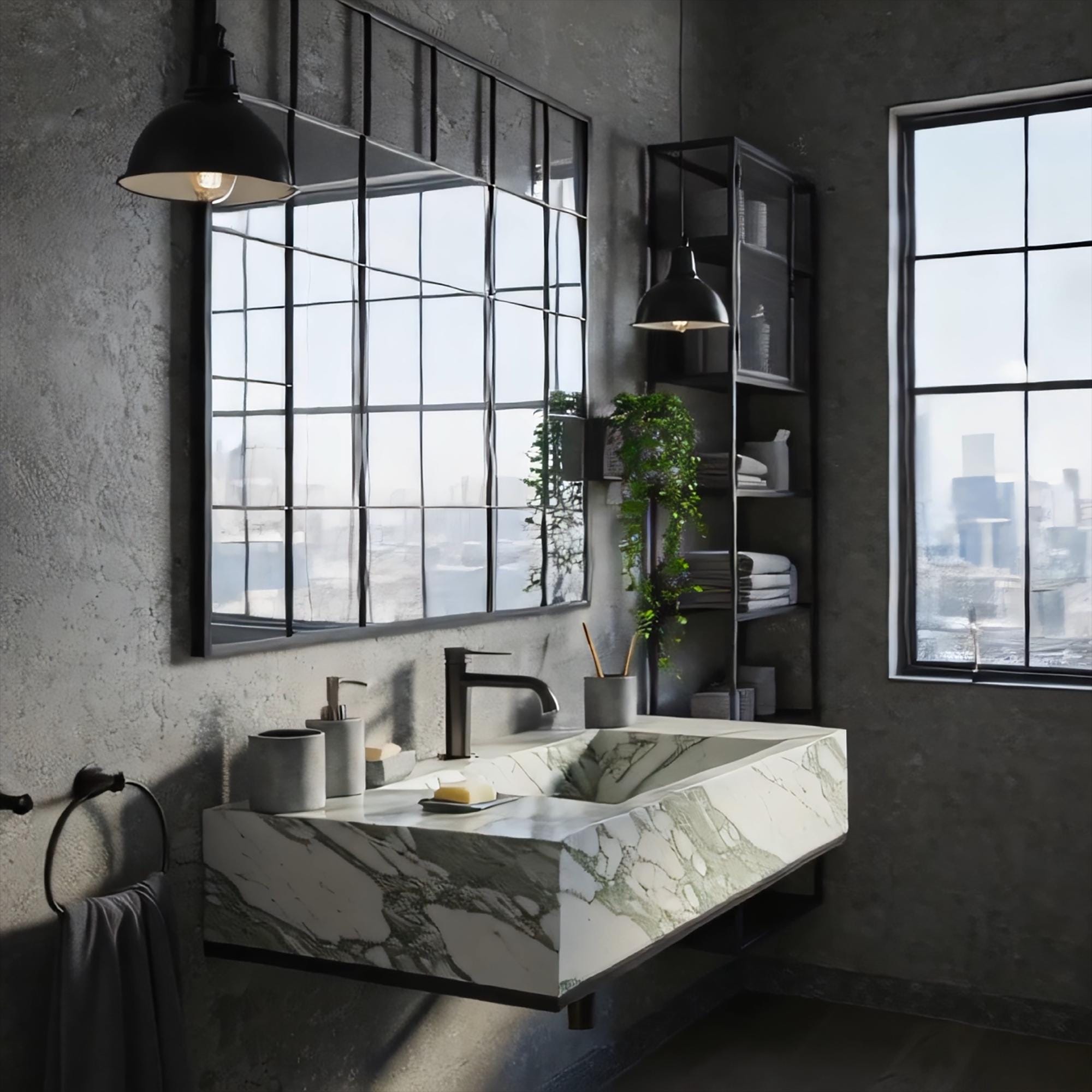 A sculptural Calacatta Green marble floating vanity with clean lines and matte black details, creating a calm, contemporary bathroom statement.
