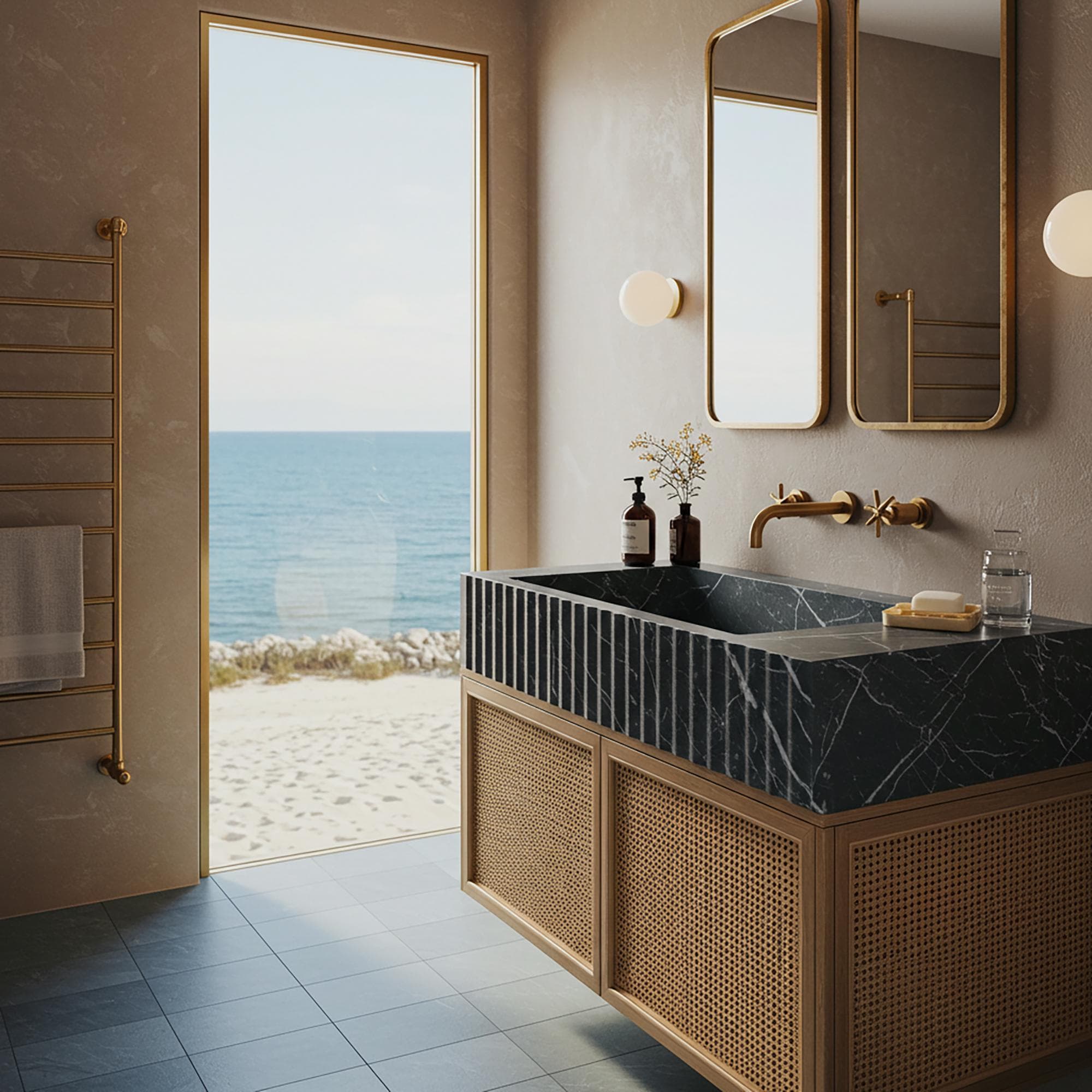 This modern vanity showcases fluted Pietre Notte marble and rattan detailing, perfect for earthy elegance with an upscale twist.