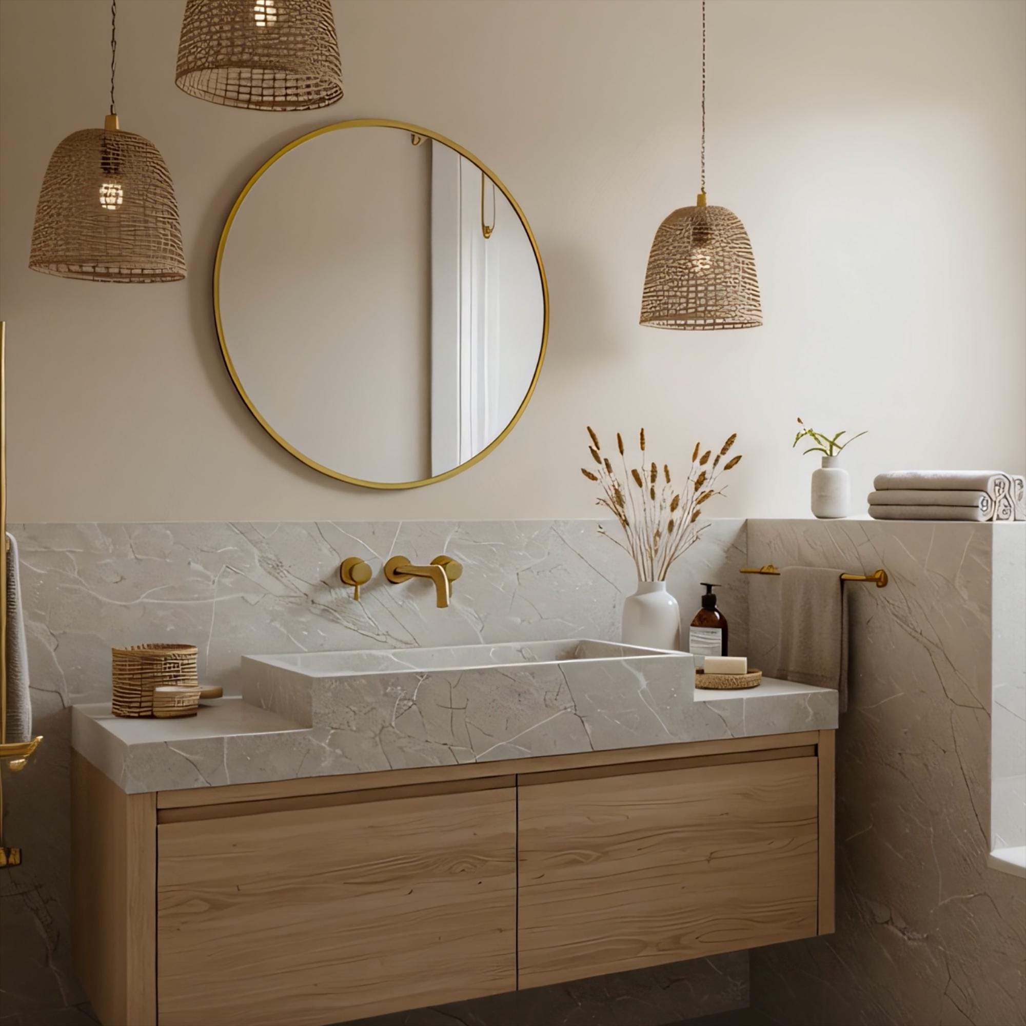 A floating Tundra Grey marble vanity with an integrated basin, highlighting soft stone texture and warm oak cabinetry.
