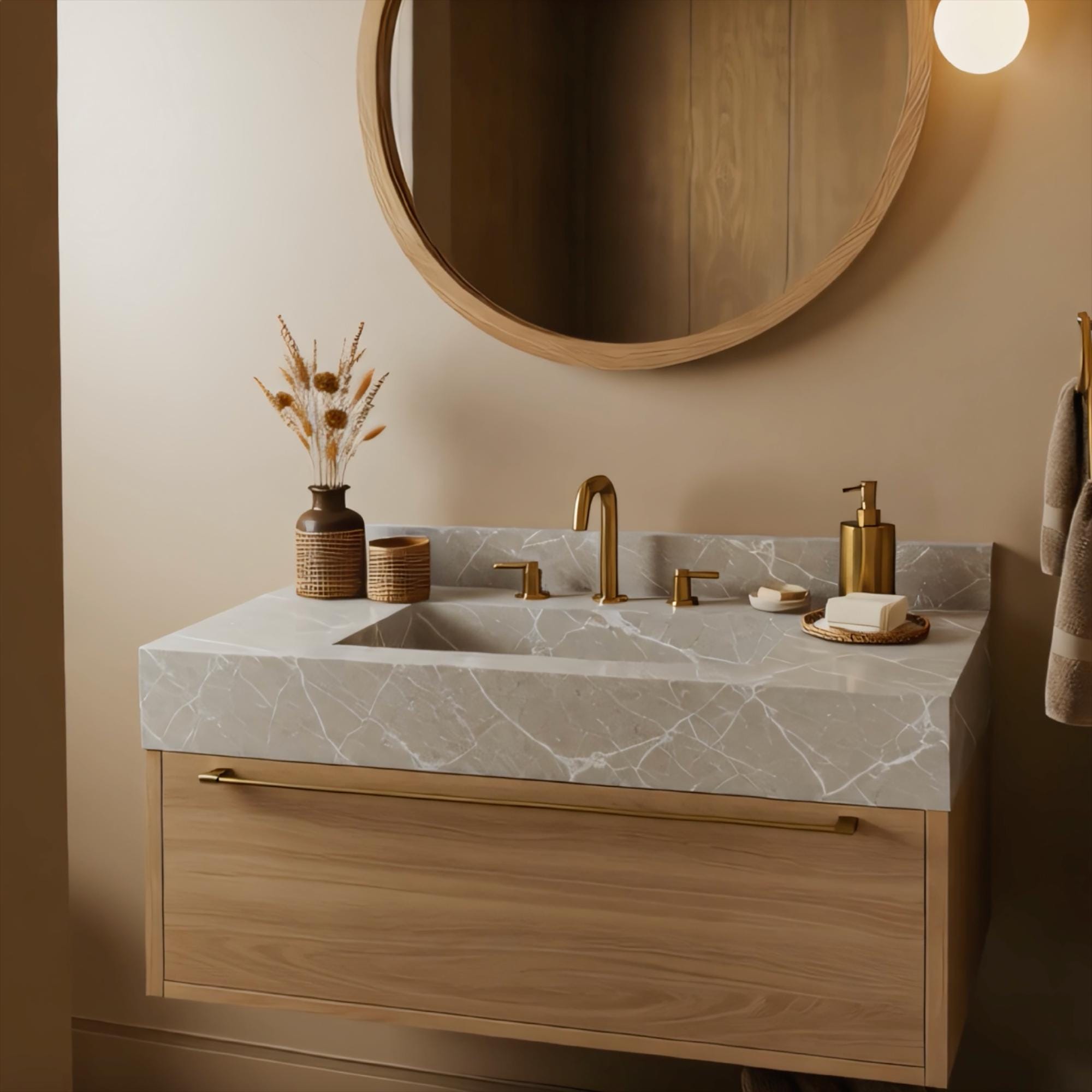 A Tundra Grey marble wall-mounted vanity crafted from natural stone, paired with an oak drawer and refined brass handle detail in a luxury interior.

