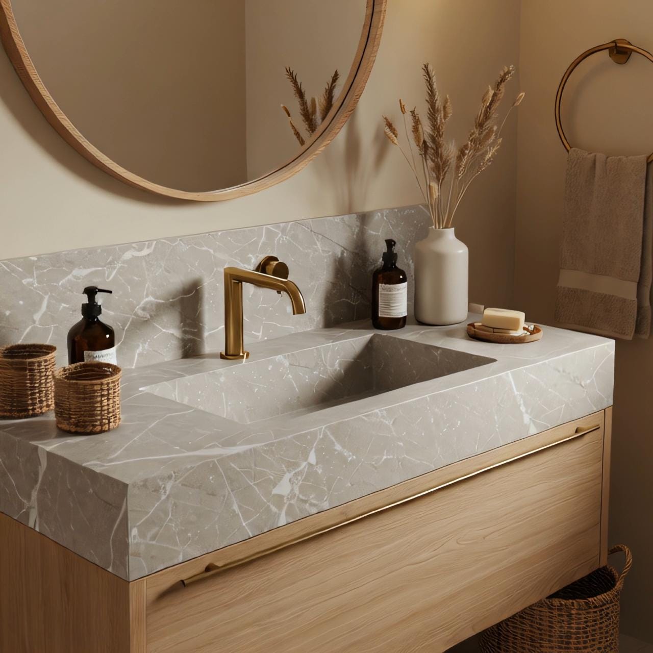 A floating Tundra Grey marble vanity with an integrated basin, highlighting soft stone texture and warm oak cabinetry.
