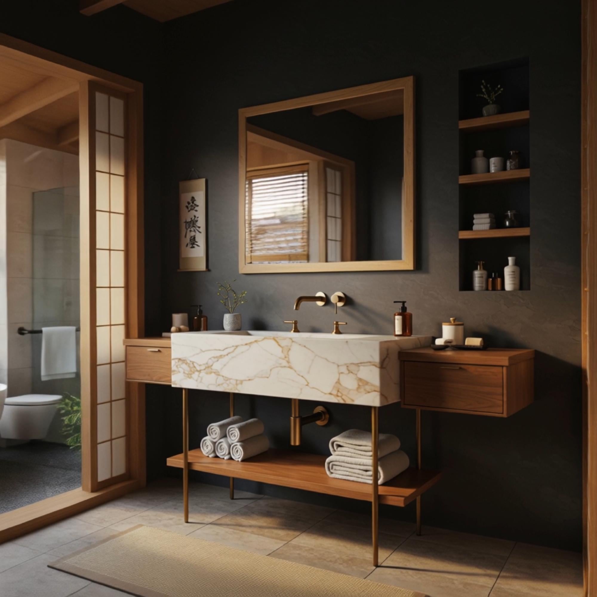 This modular bathroom vanity set with Calacatta marble and clean wood lines blends luxury with minimalist function.