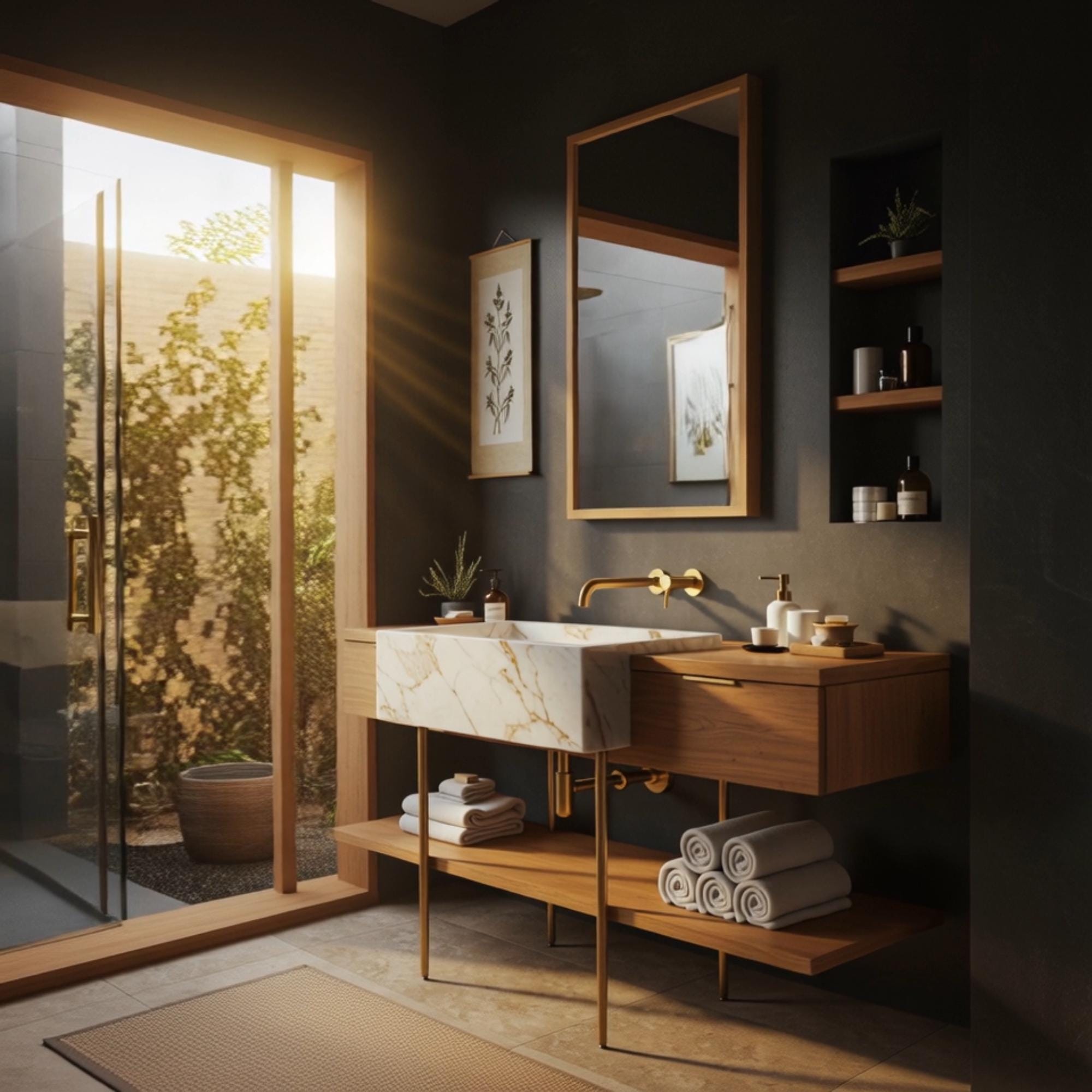 This modular console vanity in Calacatta Gold marble combines sleek design with warm wood for modern sophistication.