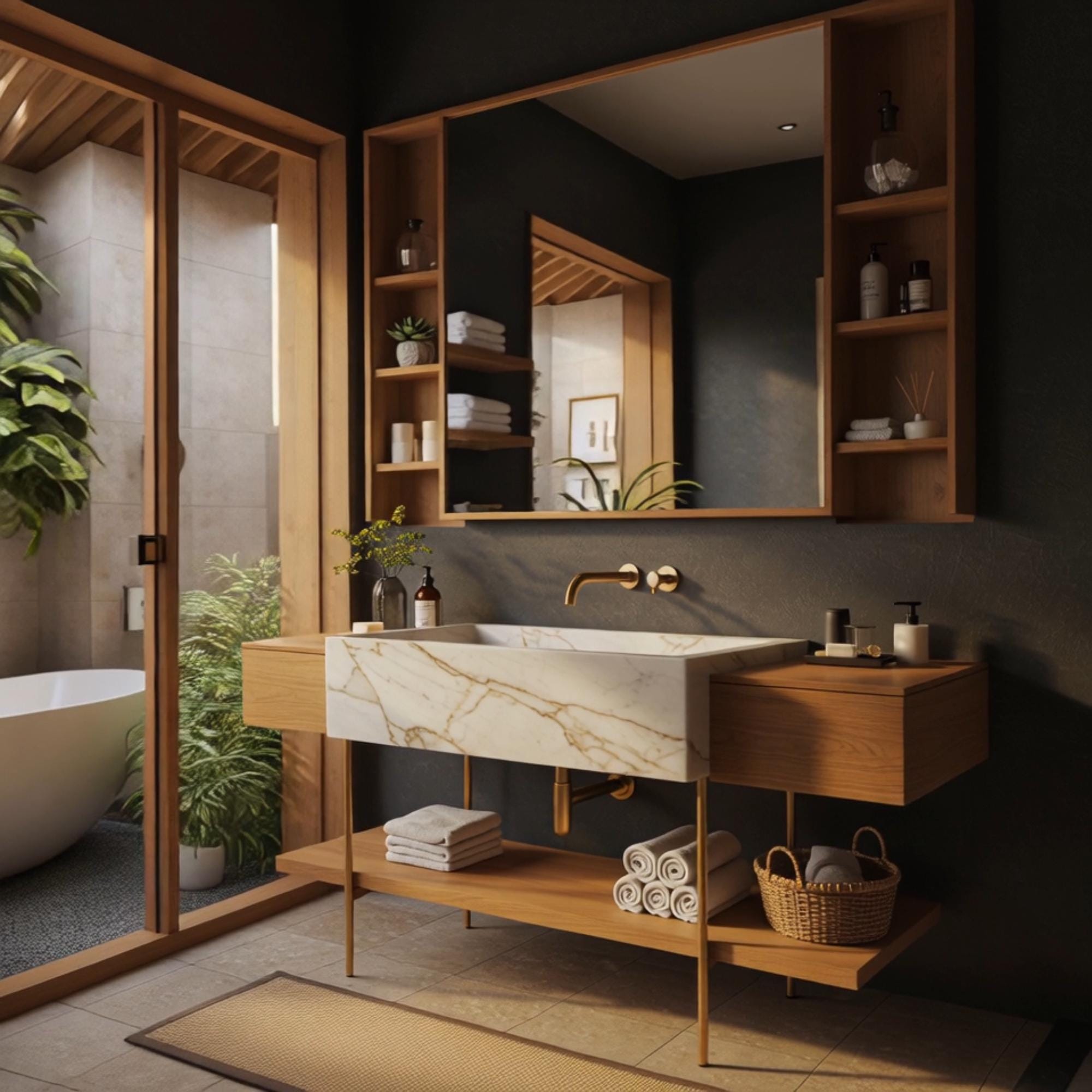 A sleek marble vanity featuring Calacatta Gold stone and minimalist cabinetry, designed for upscale contemporary homes.