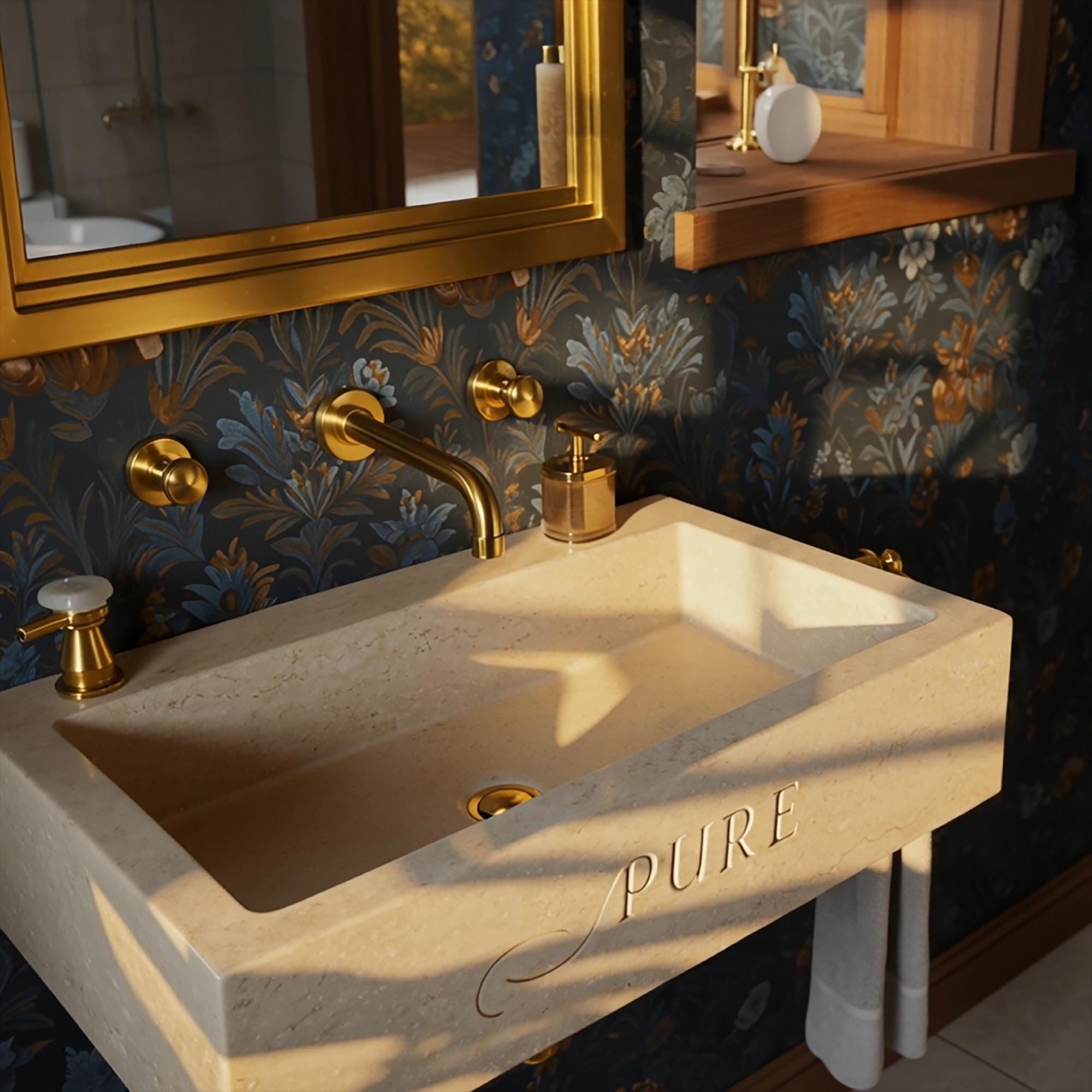 A sculptural beige travertine wall-mounted sink with engraved lettering, offering a timeless and understated bathroom design.
