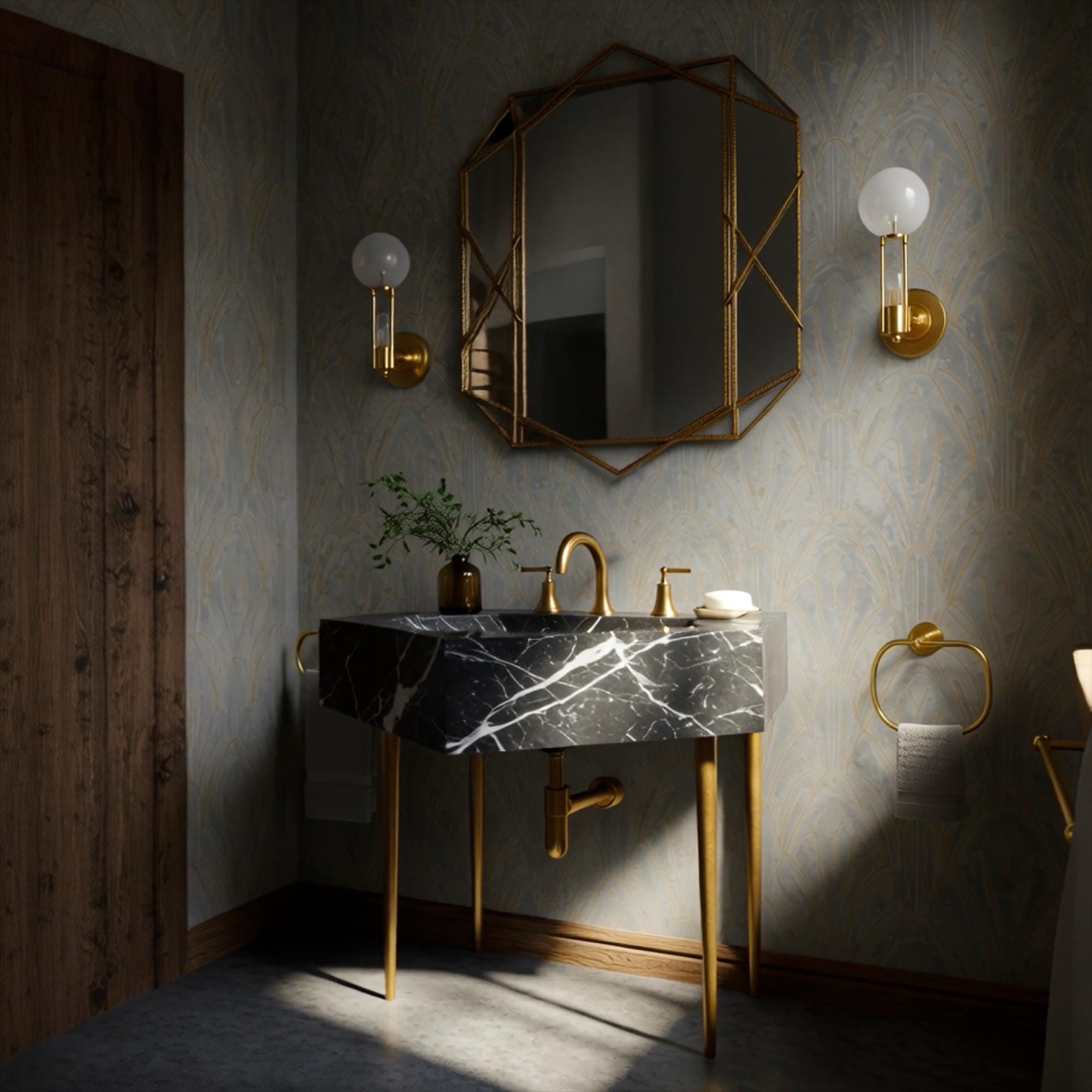 A Nero Marquina marble console sink crafted from natural stone, featuring a diamond profile and brass legs in a refined interior.
