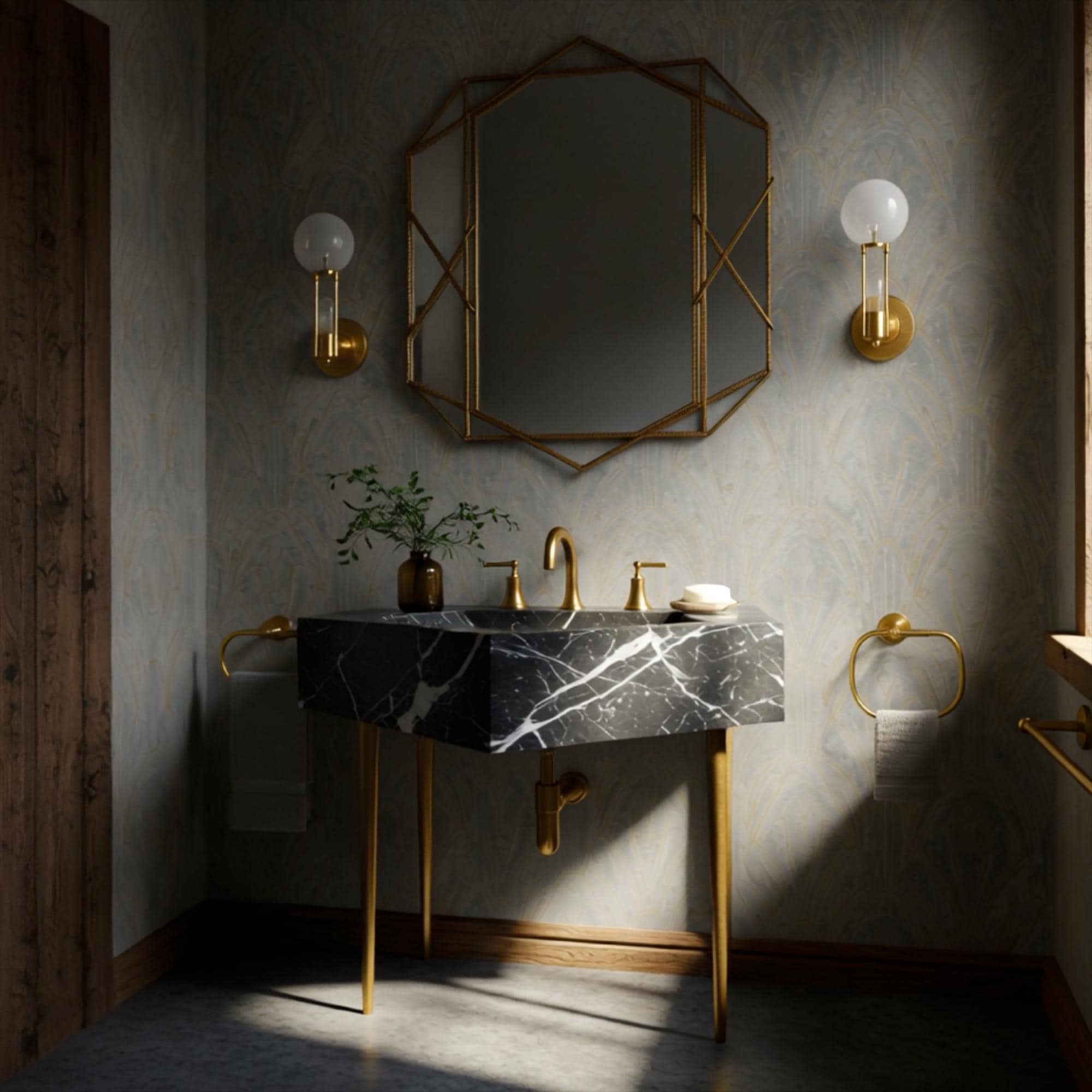 A Nero Marquina marble diamond console sink styled with brass fixtures, creating a striking focal point in a sophisticated bathroom.
