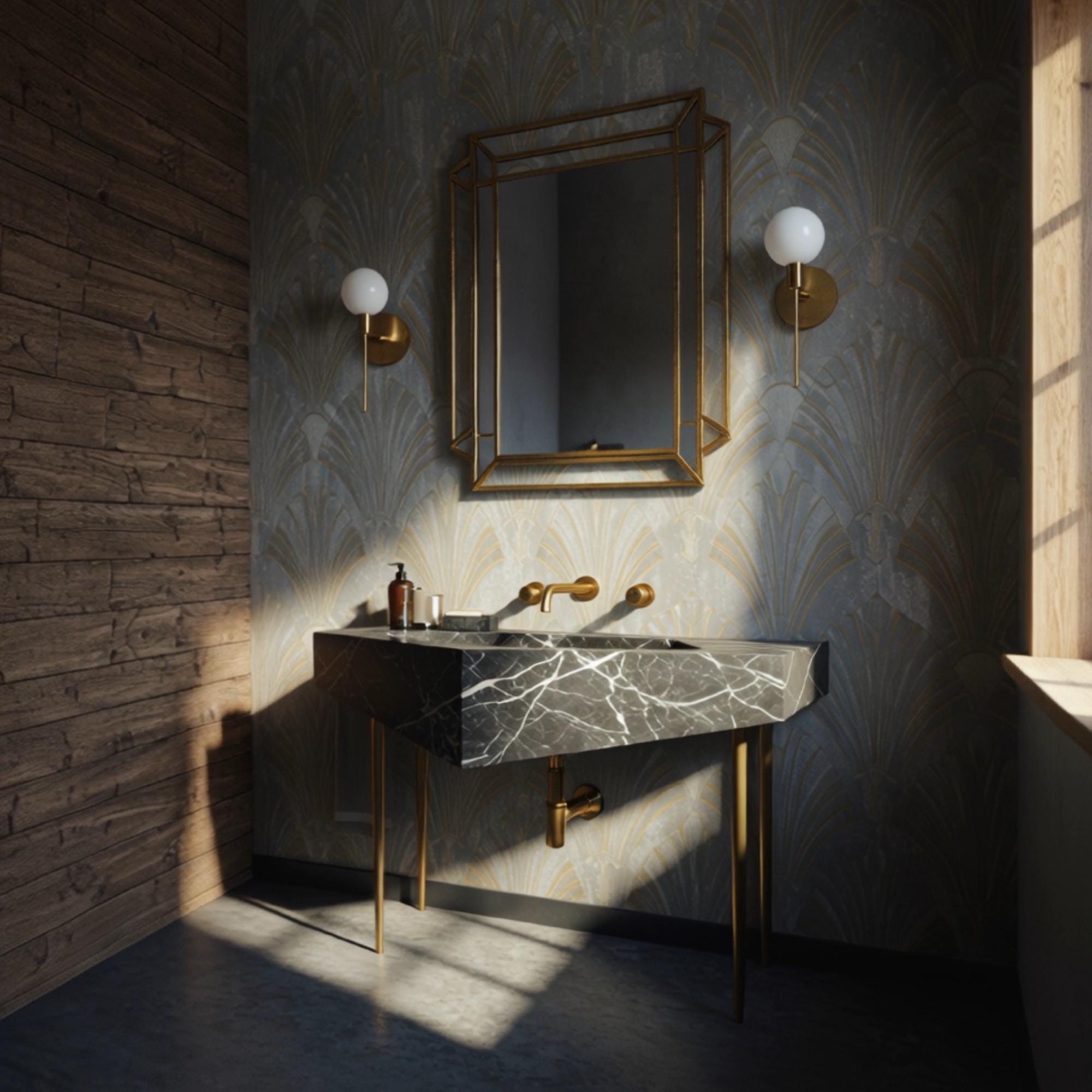 A Nero Marquina marble console sink crafted from natural stone, featuring a geometric form and brass legs in a refined luxury interior.
