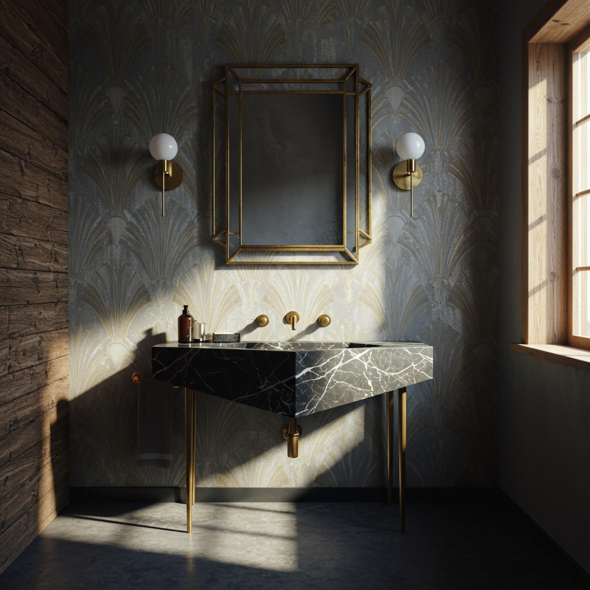 A Nero Marquina marble geometric console sink styled with brass fixtures, creating a striking focal point in a sophisticated bathroom.
