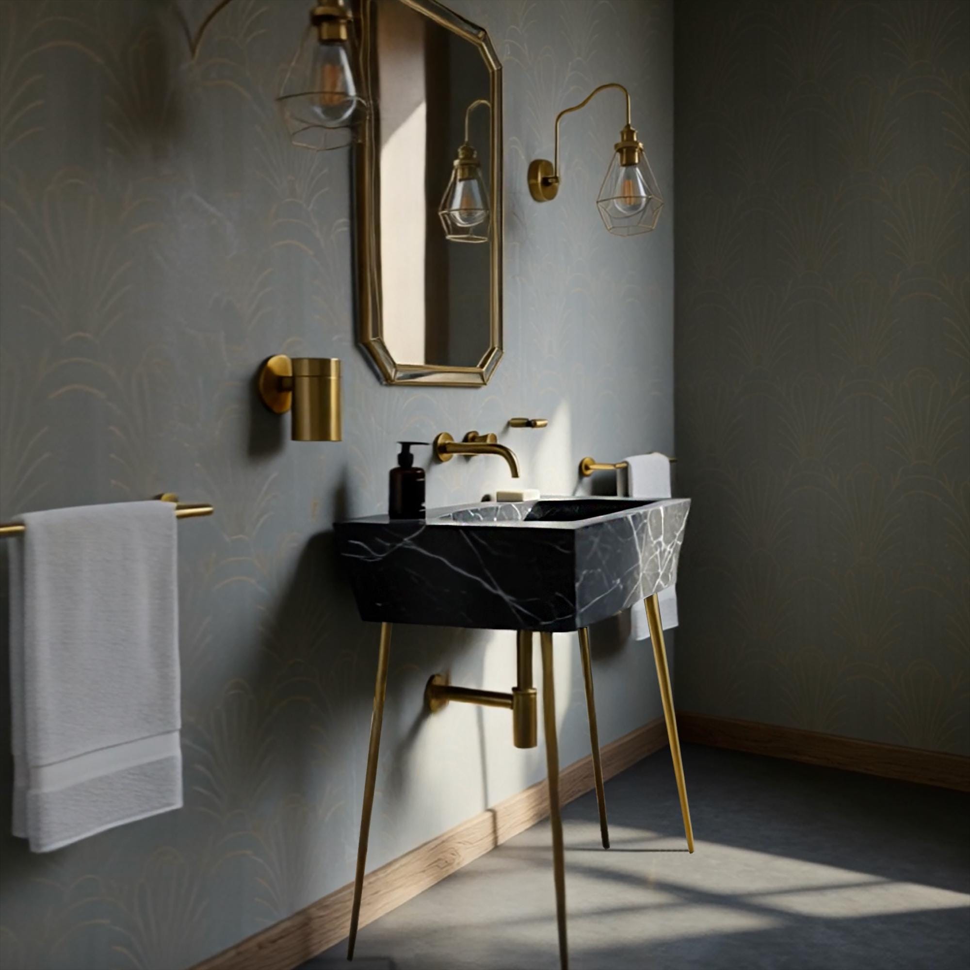 A tapered Nero Marquina marble console sink elevated on brass legs, offering a timeless and architectural bathroom design.
