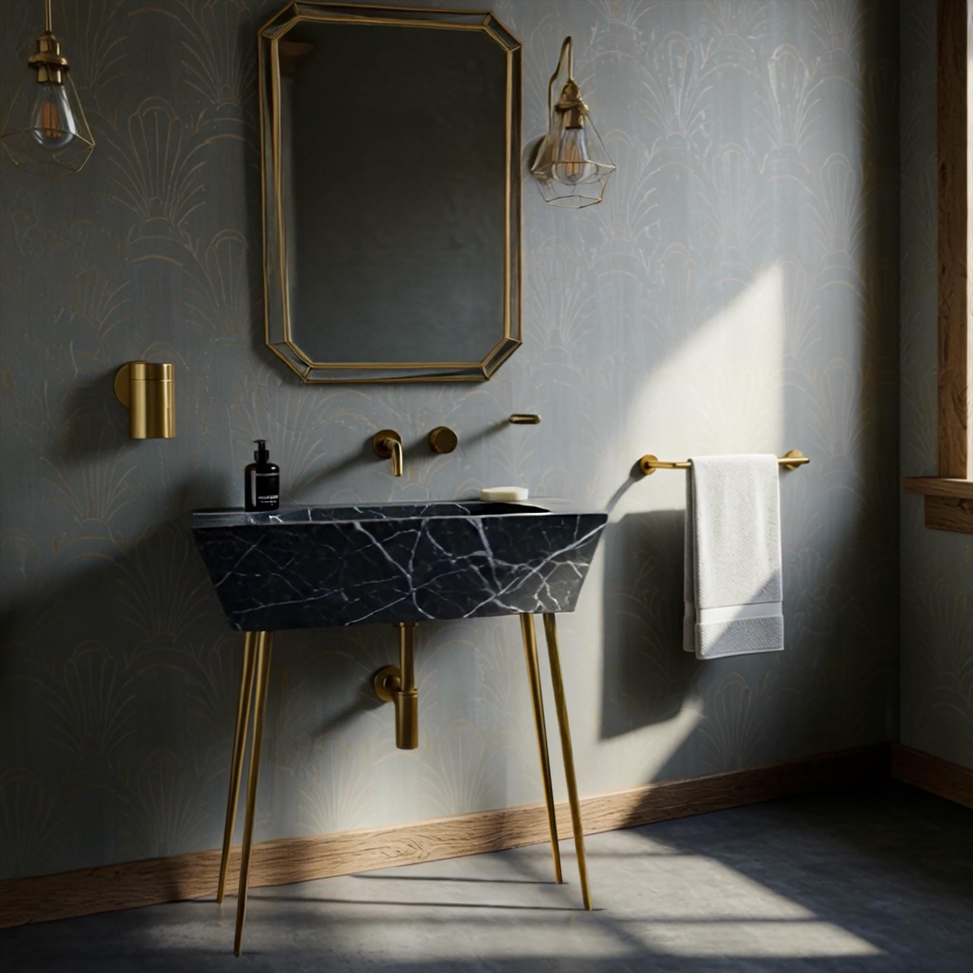 A sculptural Nero Marquina marble console sink with clean tapered lines, highlighting dramatic black and white veining.
