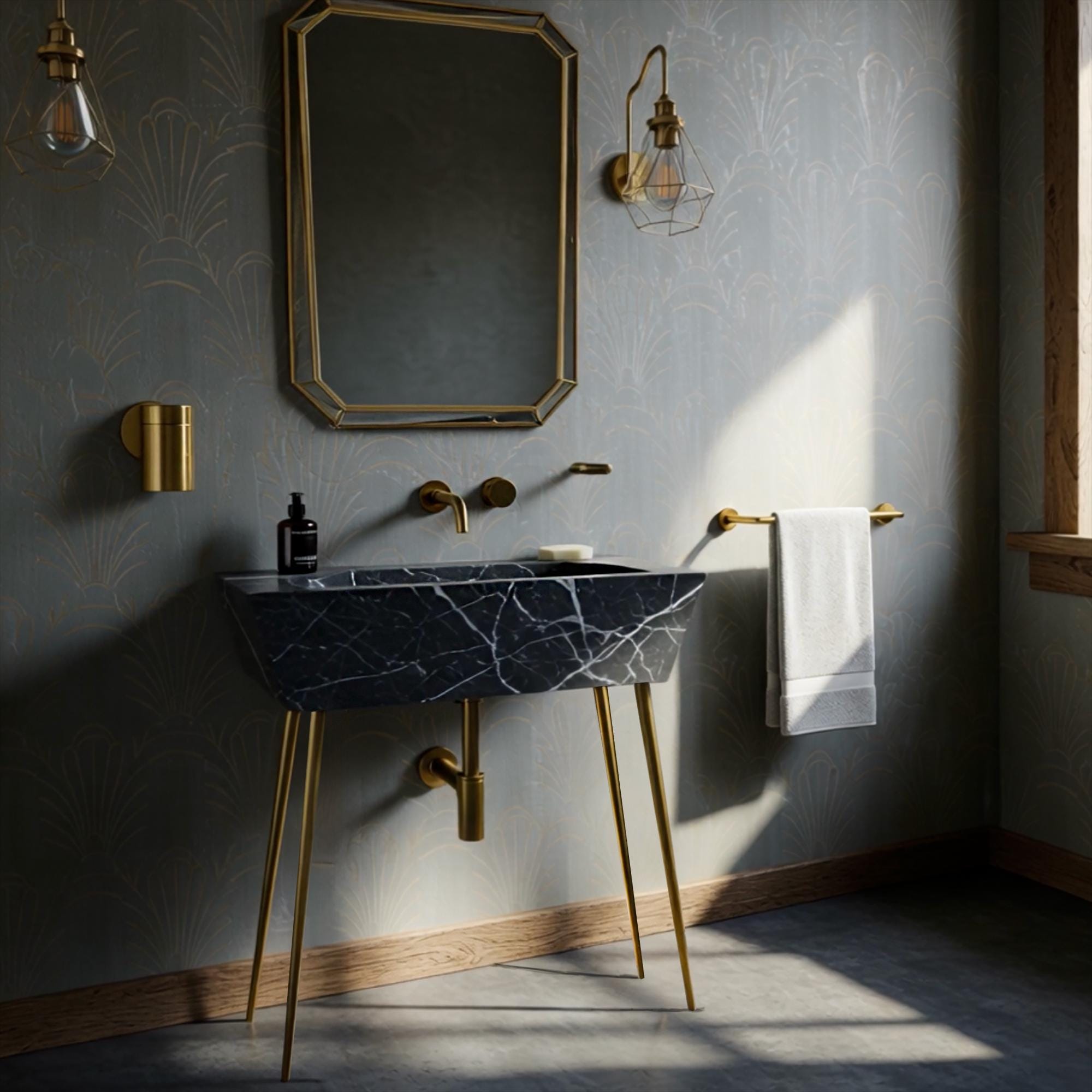 A Nero Marquina marble console sink crafted from natural stone, showcasing a tapered form and brass legs in a refined luxury interior.
